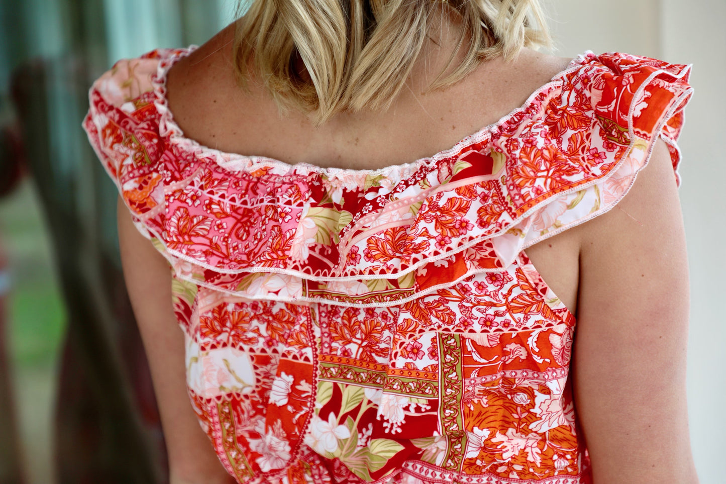 Ruffle Shoulder Elastic Waist Midi Dress