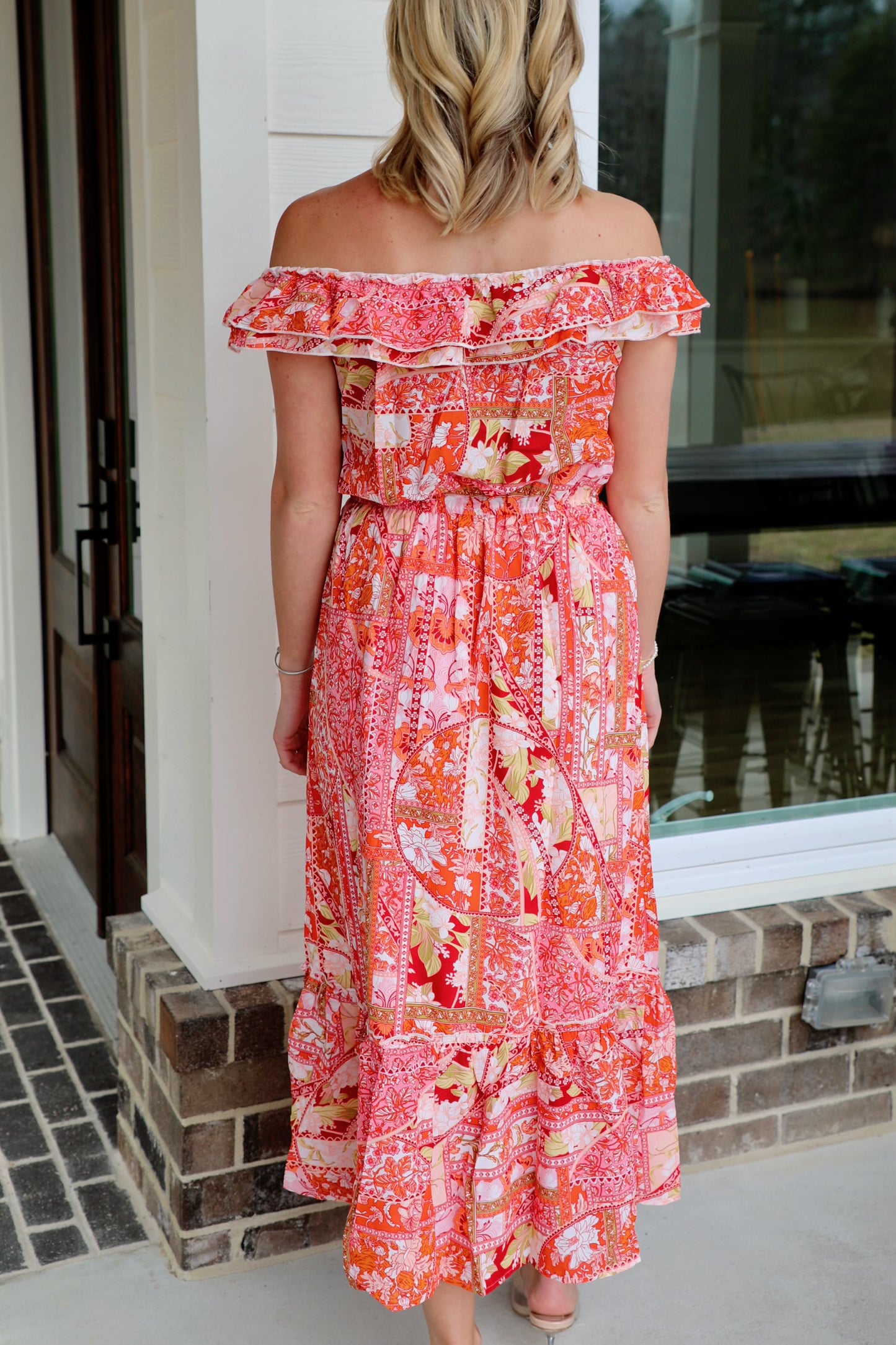 Ruffle Shoulder Elastic Waist Midi Dress