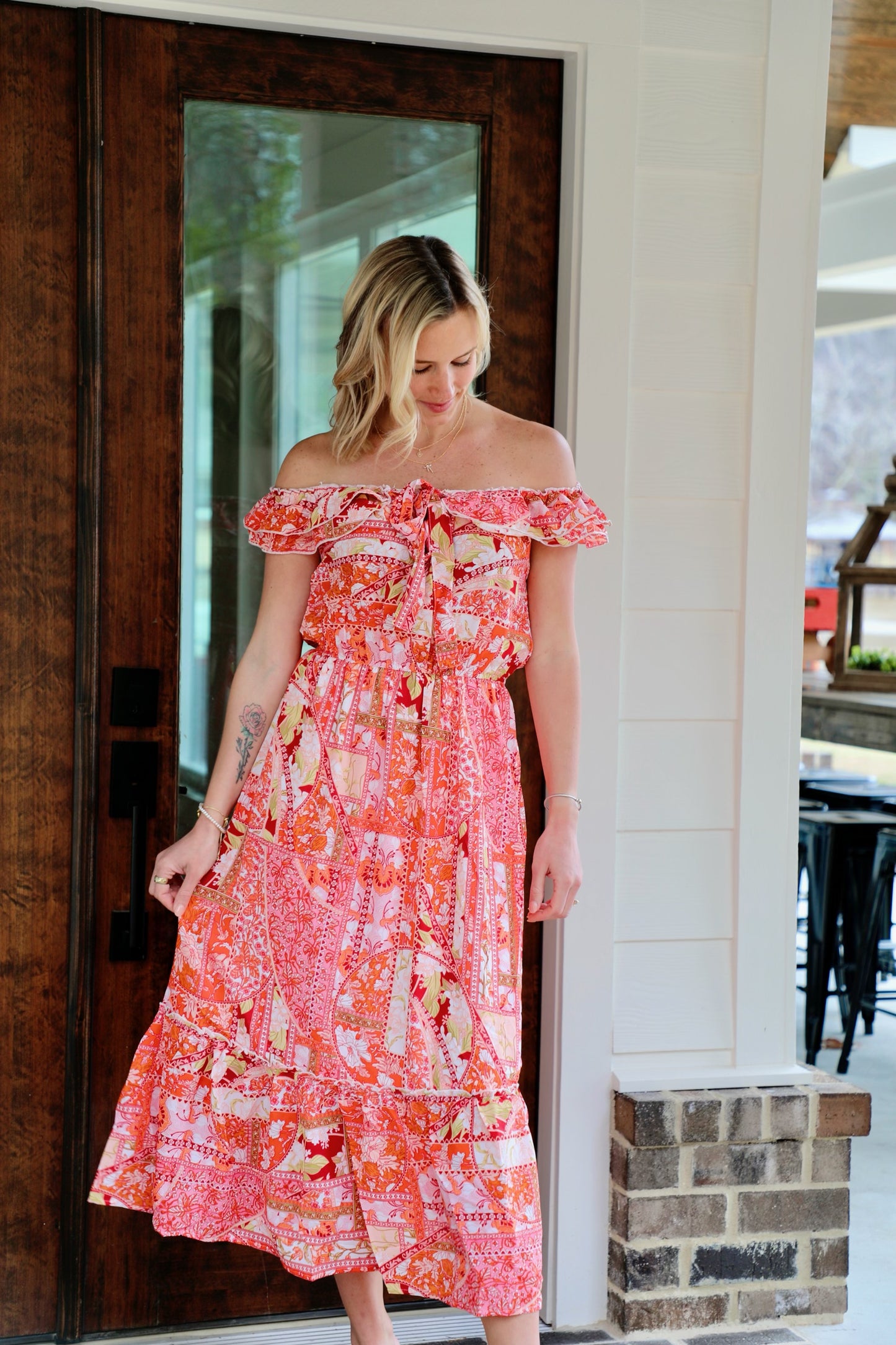 Ruffle Shoulder Elastic Waist Midi Dress