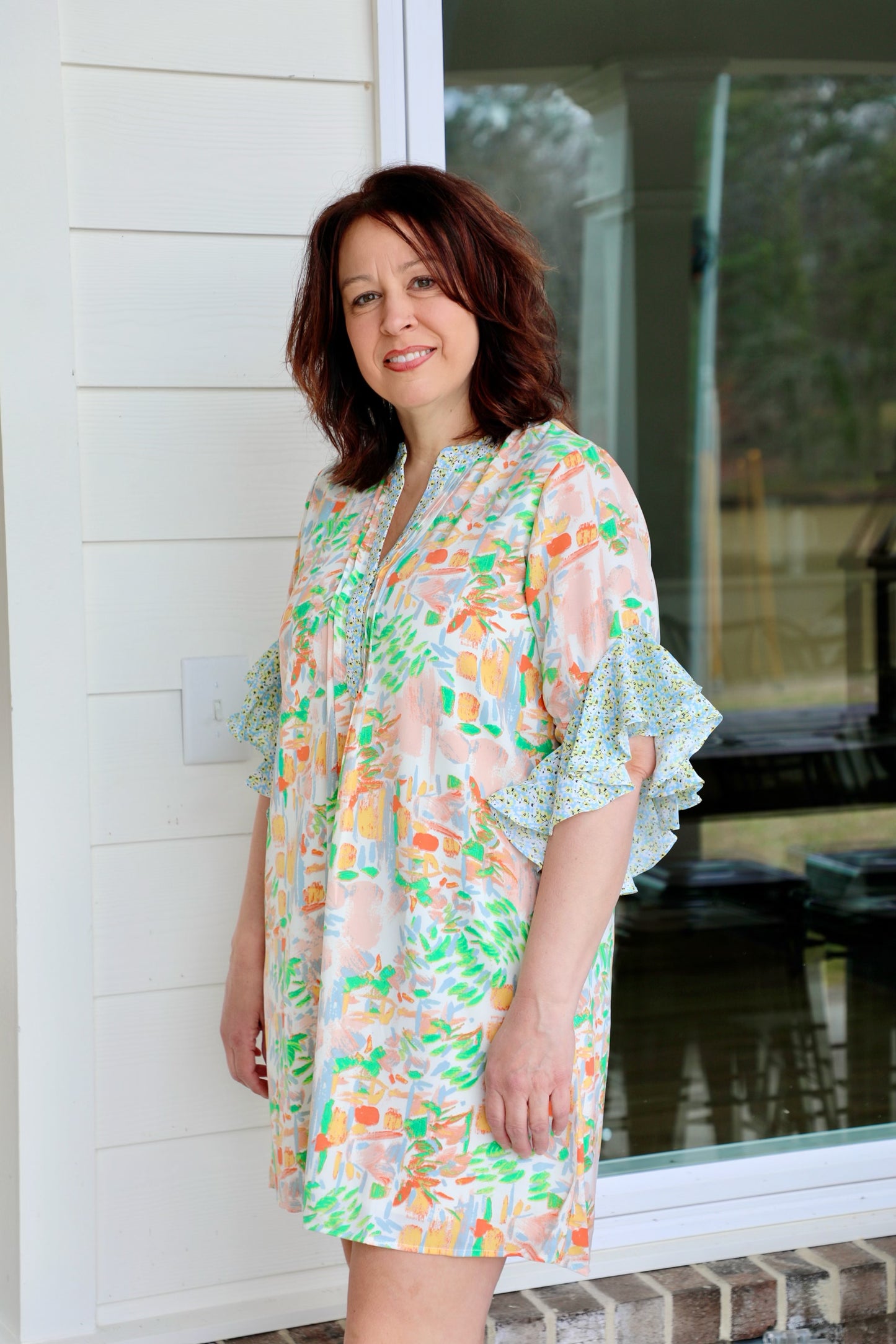 Ruffle Sleeve and Notched Neck Shift Dress