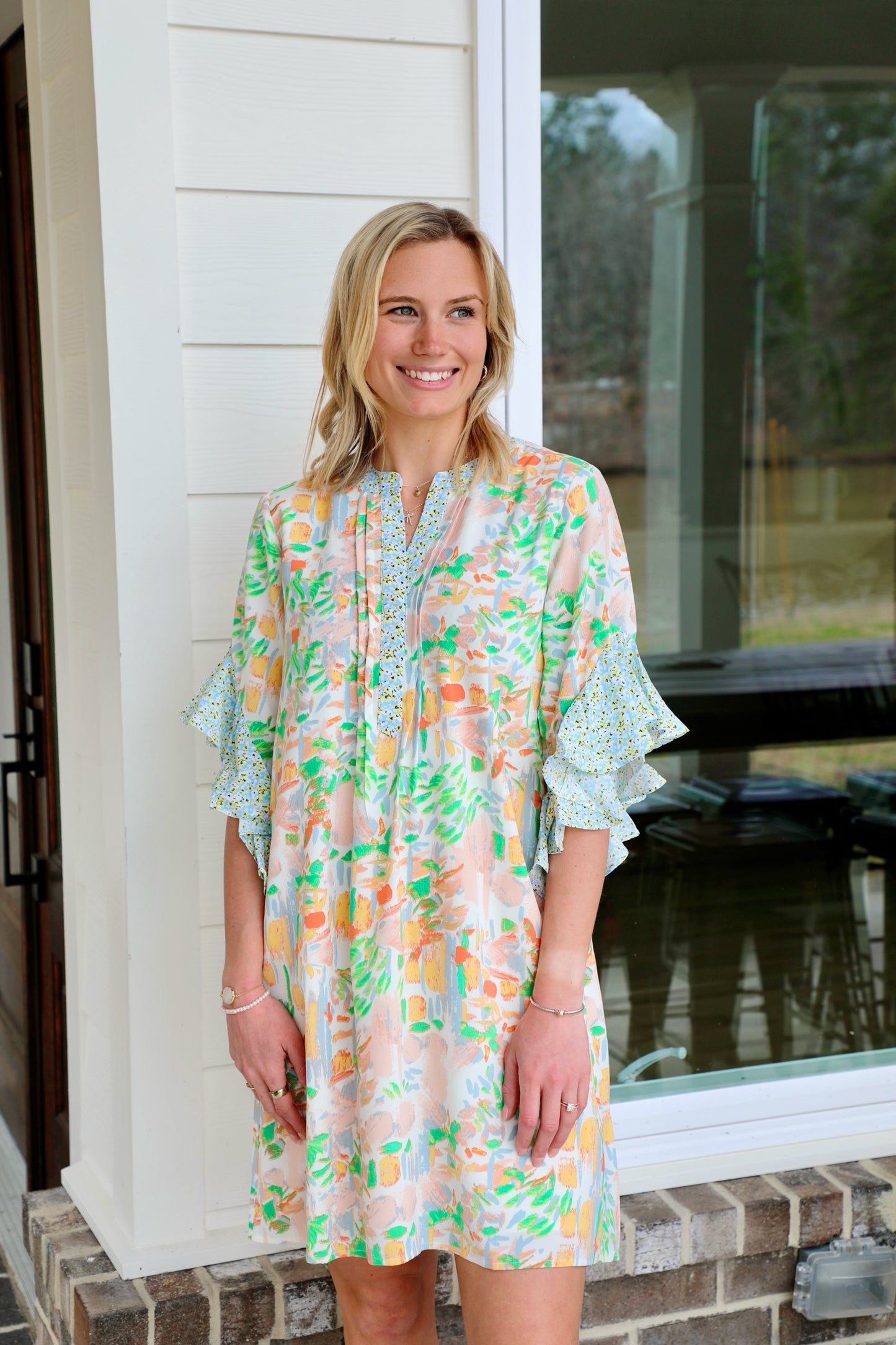 Ruffle Sleeve and Notched Neck Shift Dress