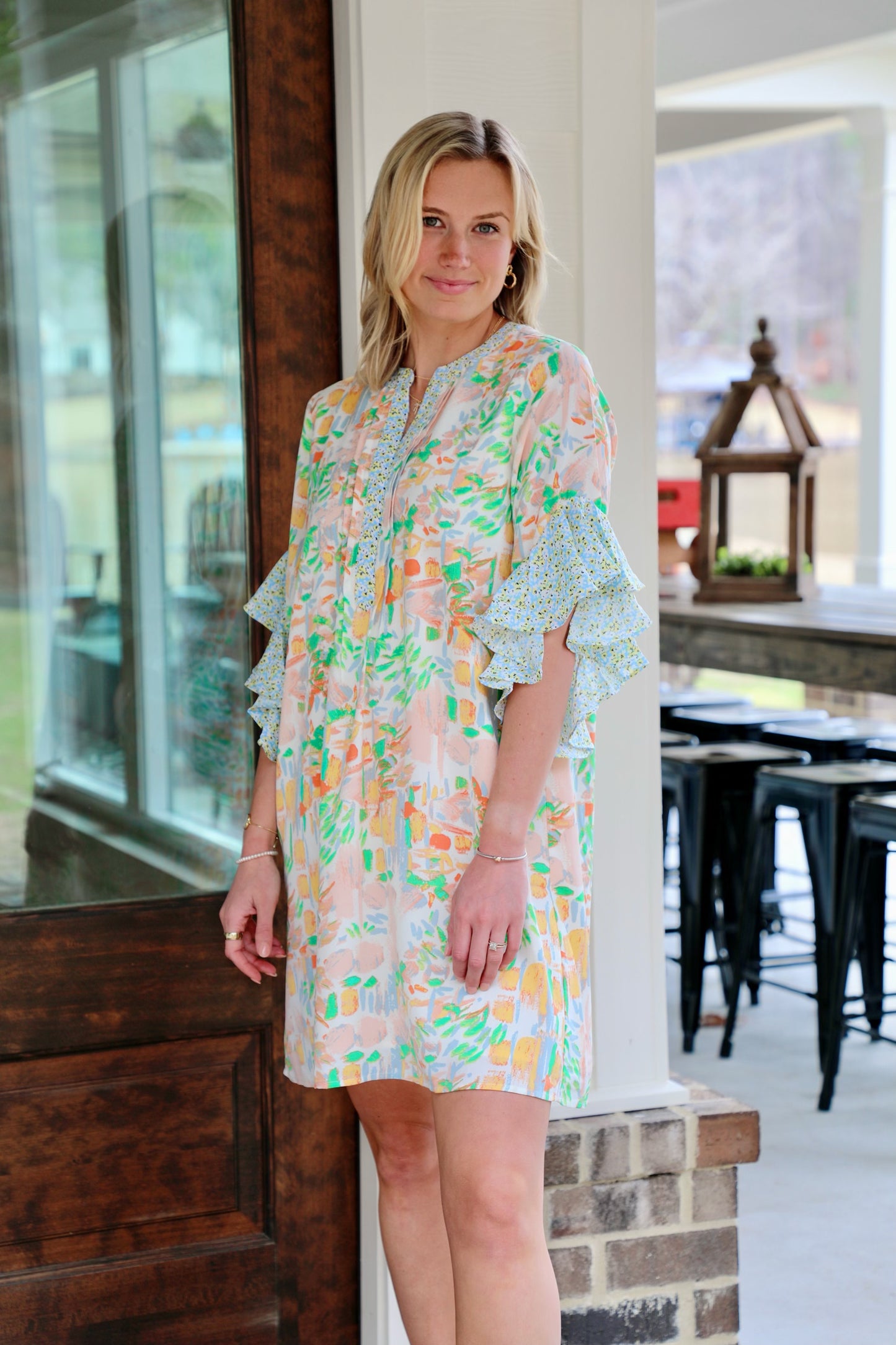 Ruffle Sleeve and Notched Neck Shift Dress