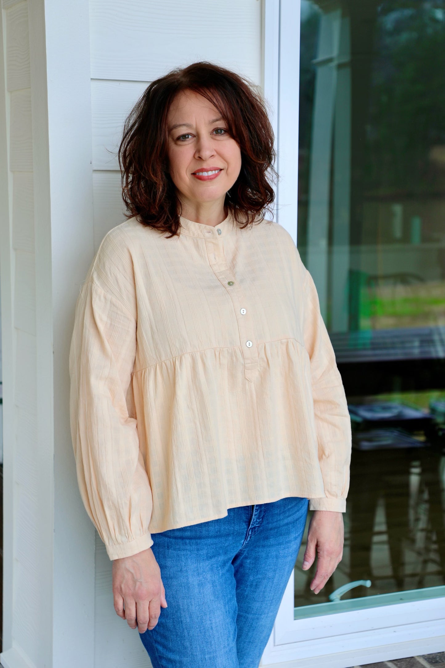 Solid Texturized Checkered Long Sleeve Top