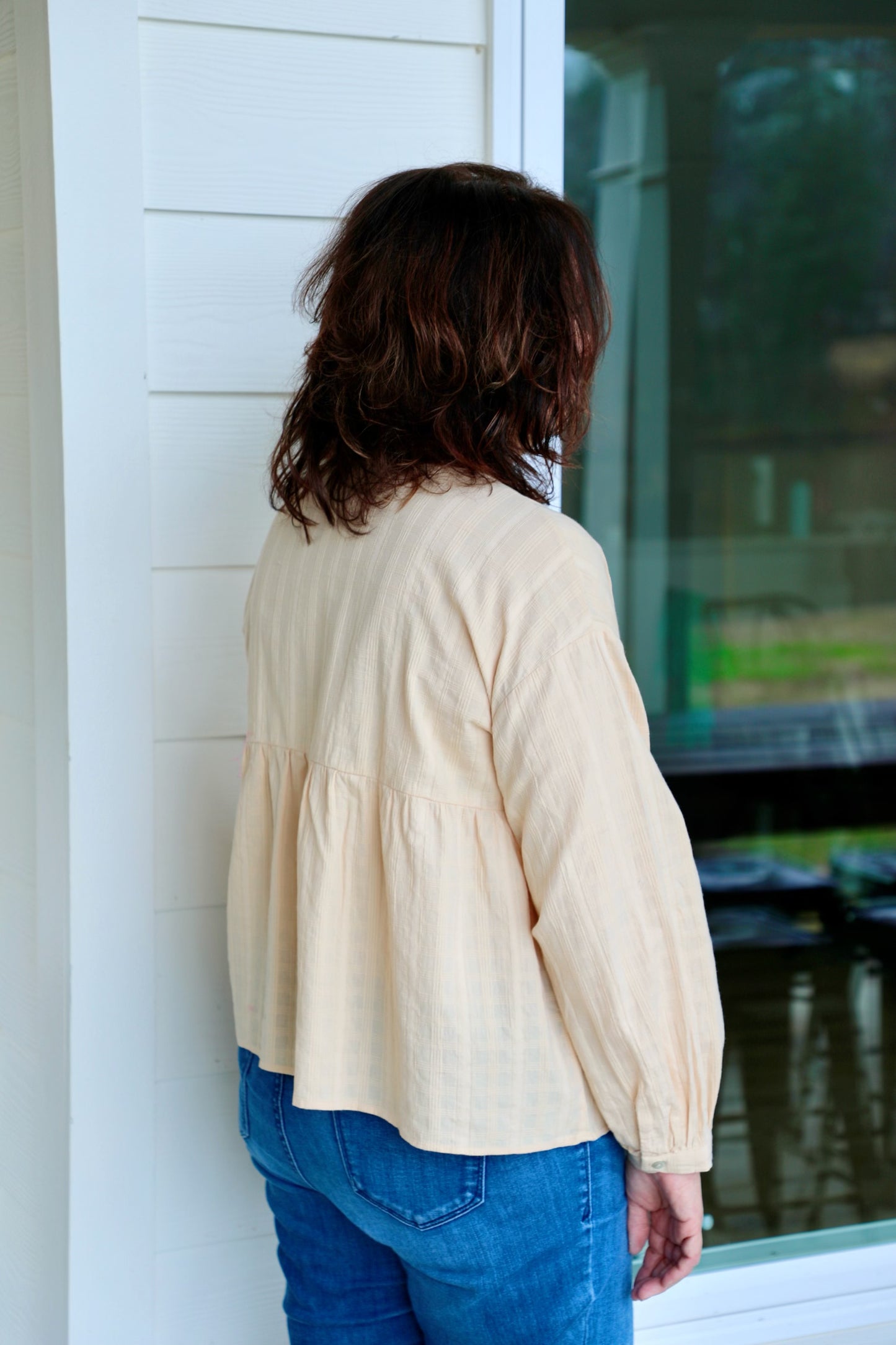 Solid Texturized Checkered Long Sleeve Top