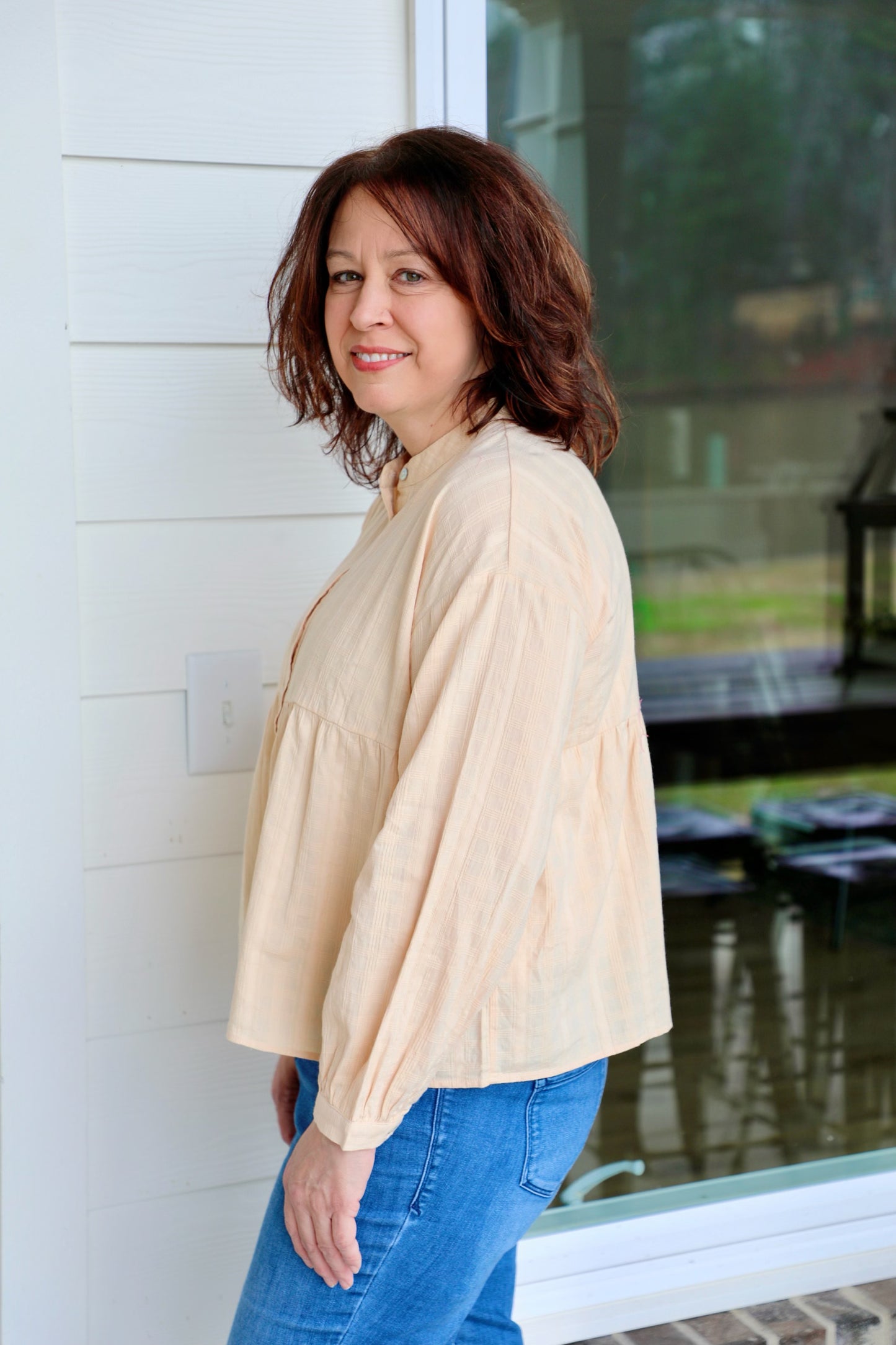 Solid Texturized Checkered Long Sleeve Top