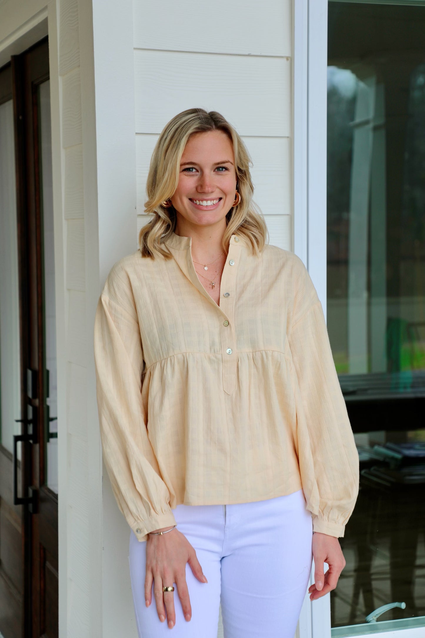 Solid Texturized Checkered Long Sleeve Top