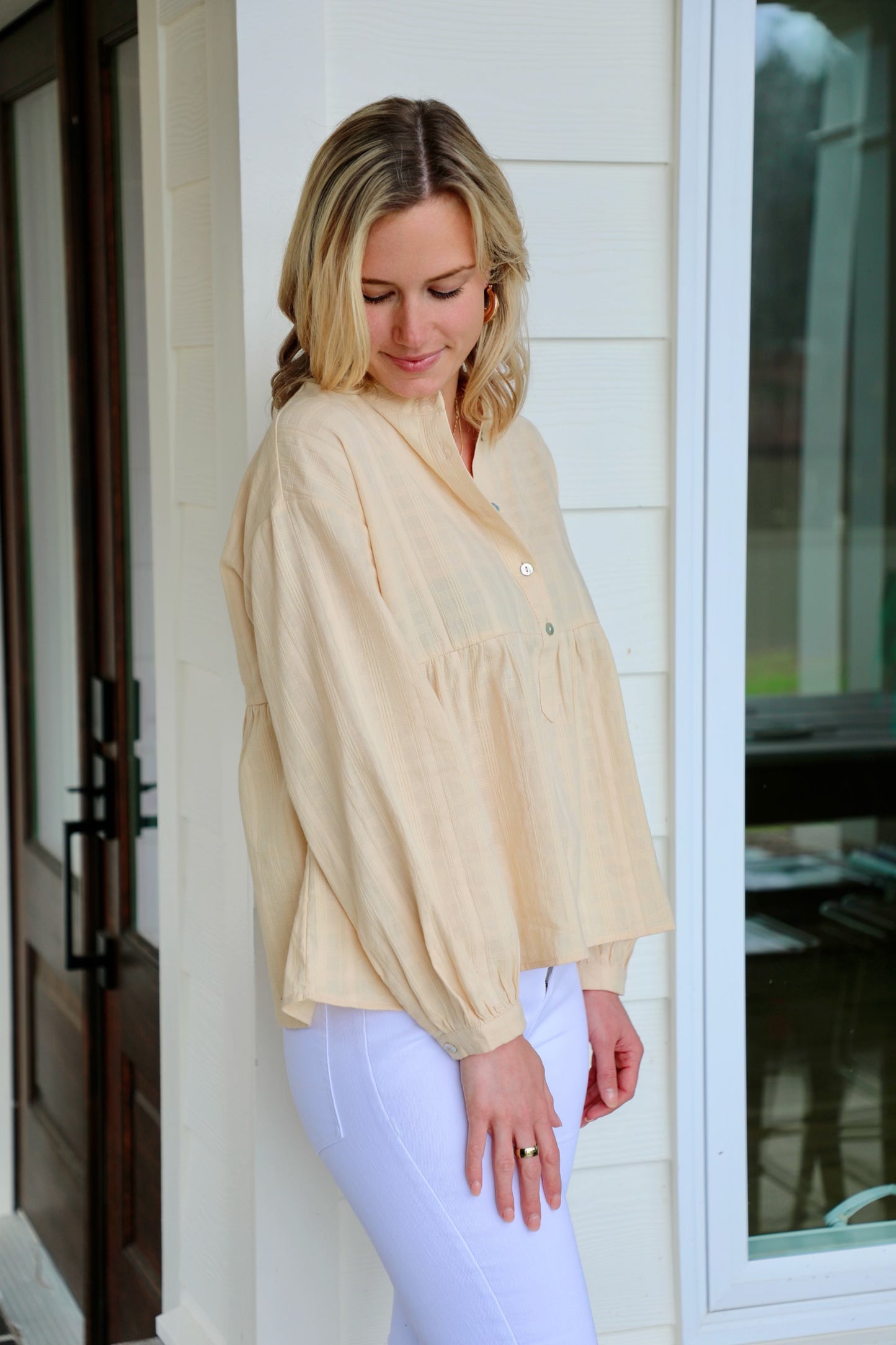 Solid Texturized Checkered Long Sleeve Top