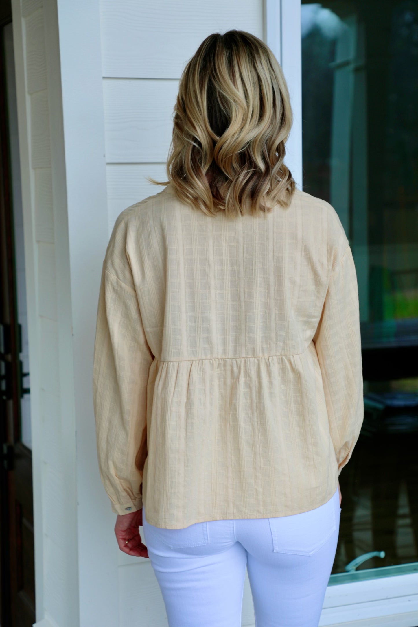 Solid Texturized Checkered Long Sleeve Top