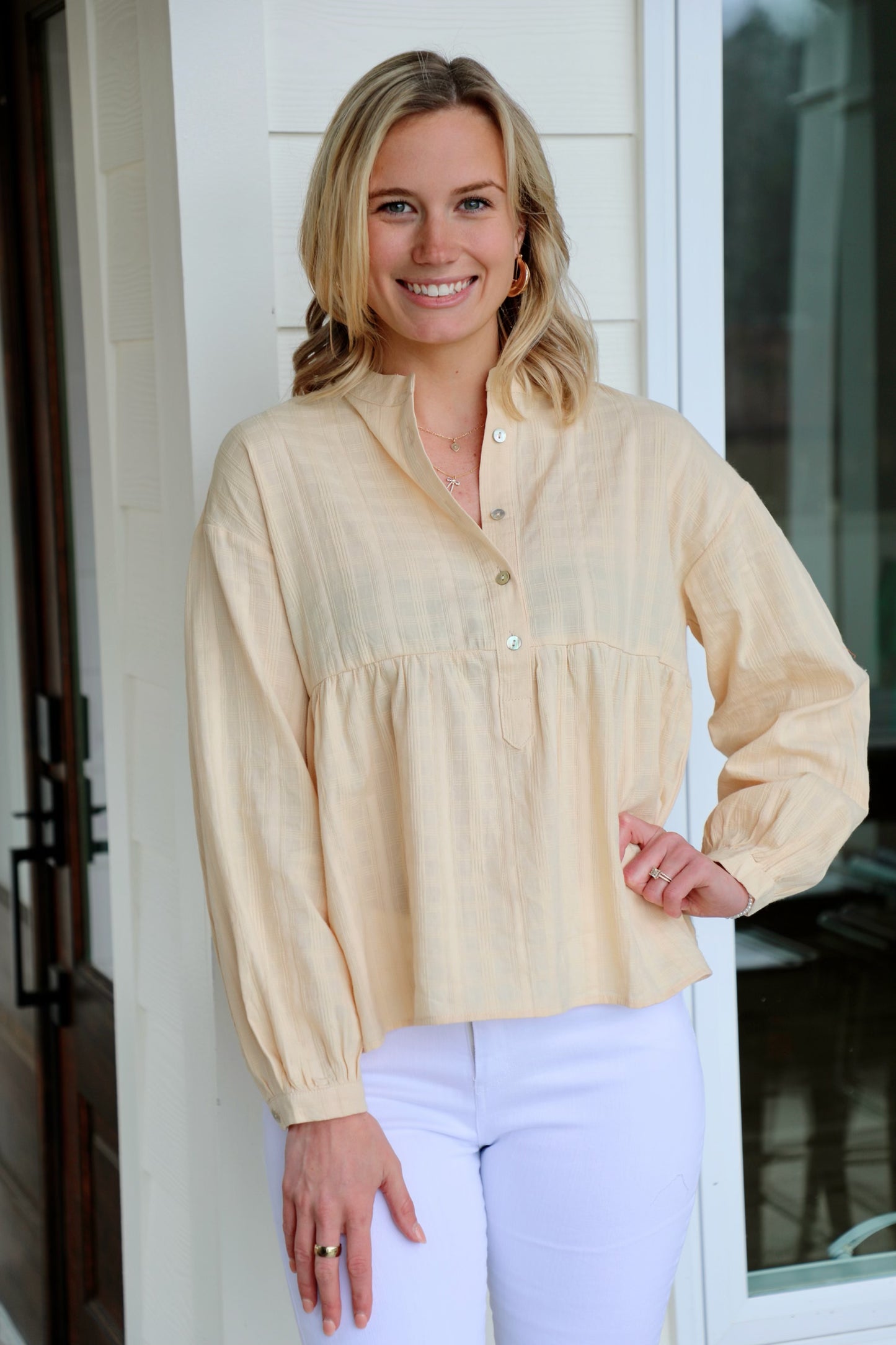 Solid Texturized Checkered Long Sleeve Top