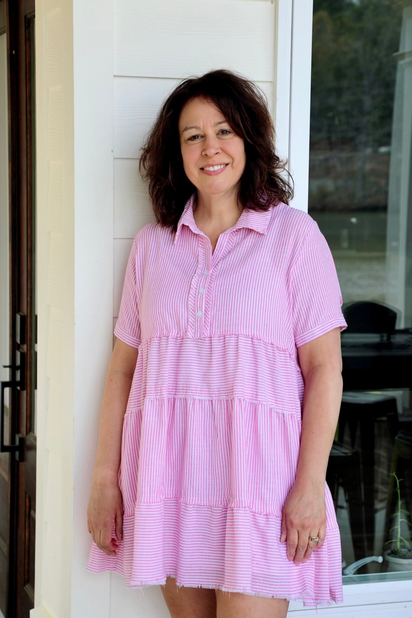 Half Button Up Tiered Striped Collared Dress