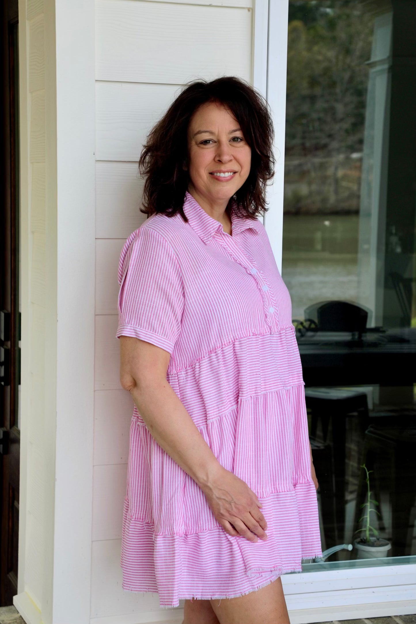 Half Button Up Tiered Striped Collared Dress