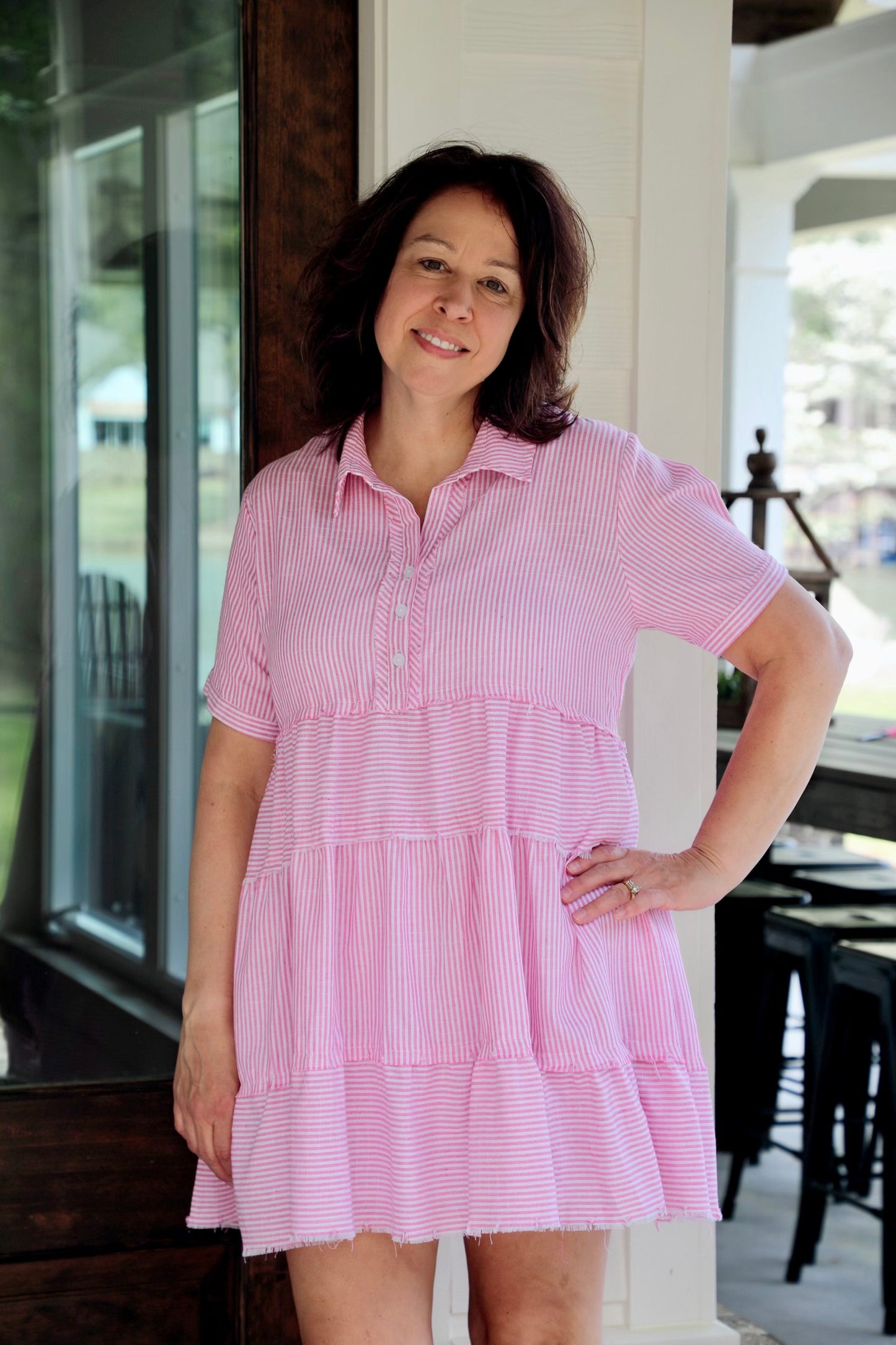 Half Button Up Tiered Striped Collared Dress