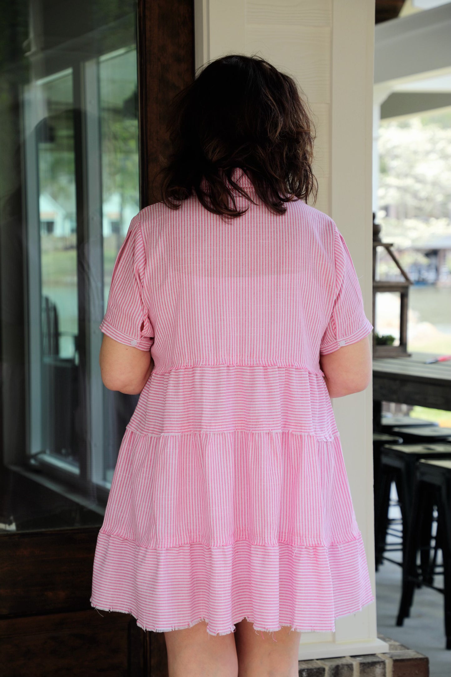 Half Button Up Tiered Striped Collared Dress