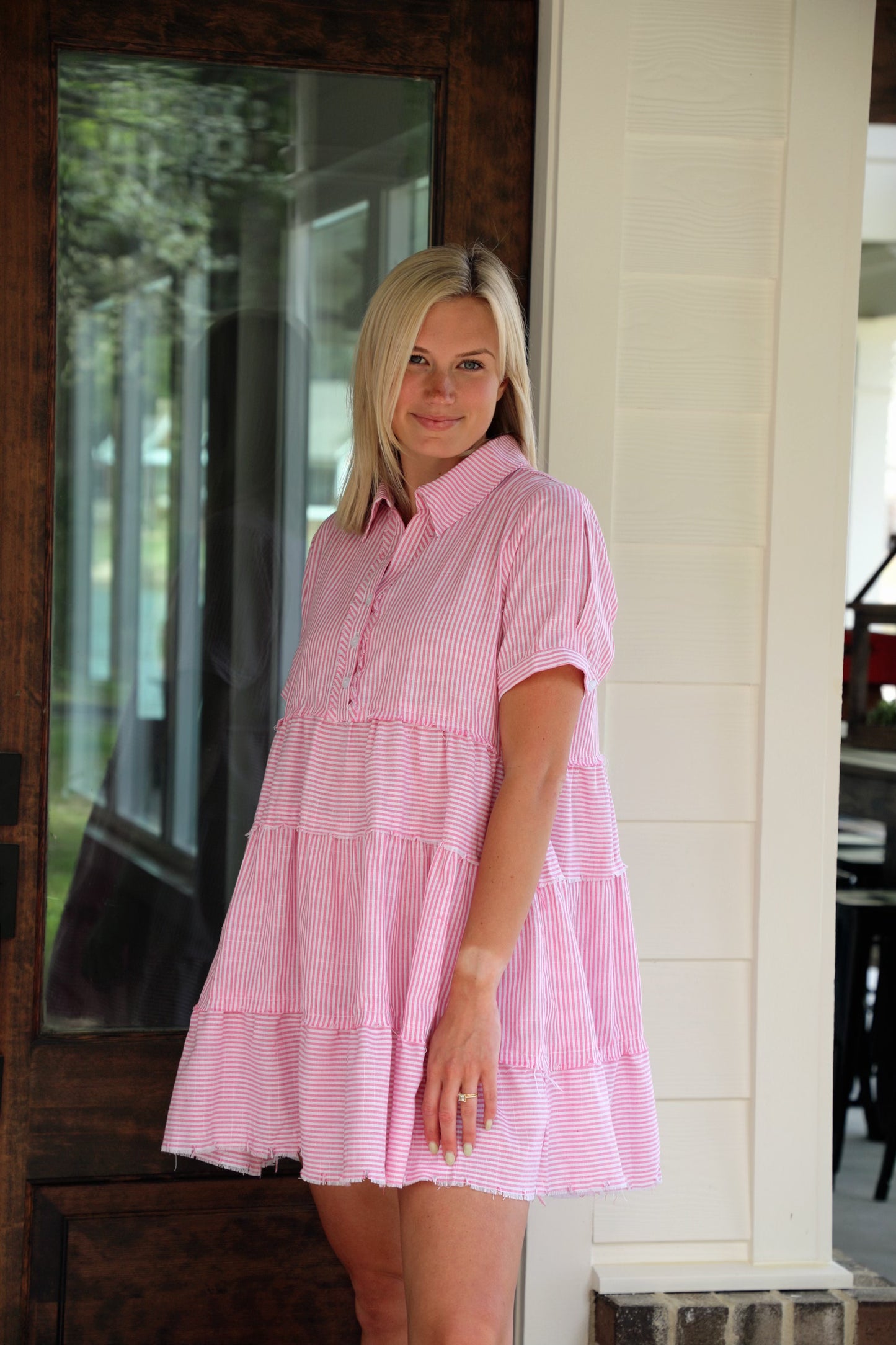 Half Button Up Tiered Striped Collared Dress