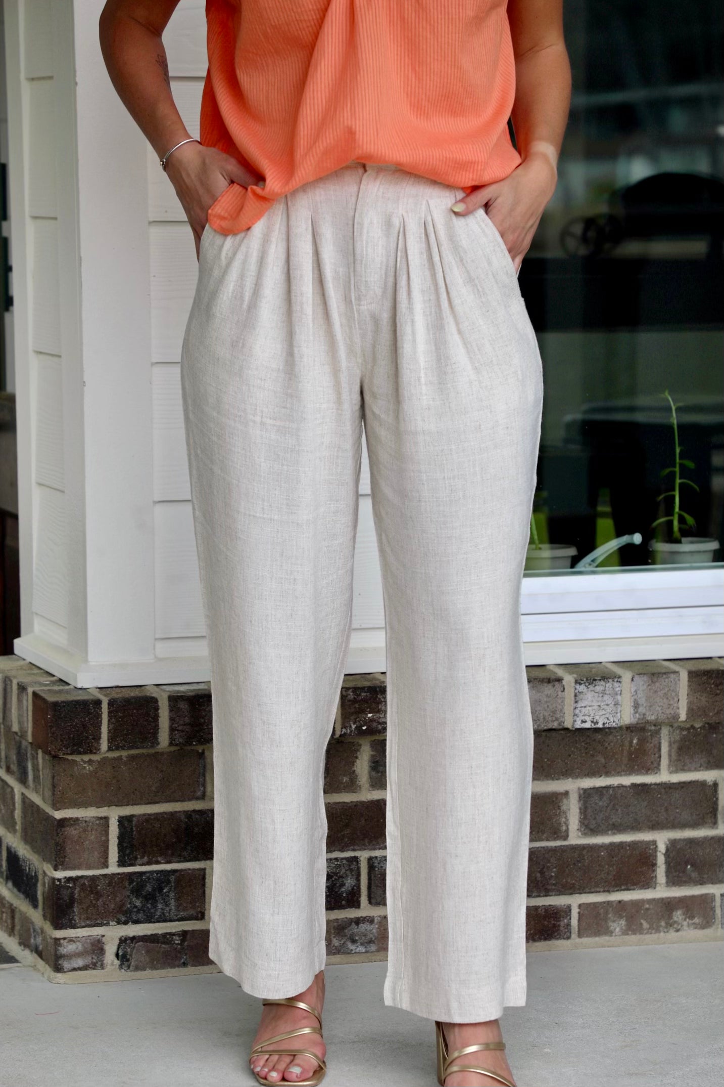 Solid Linen Pleated Wide Leg Pants