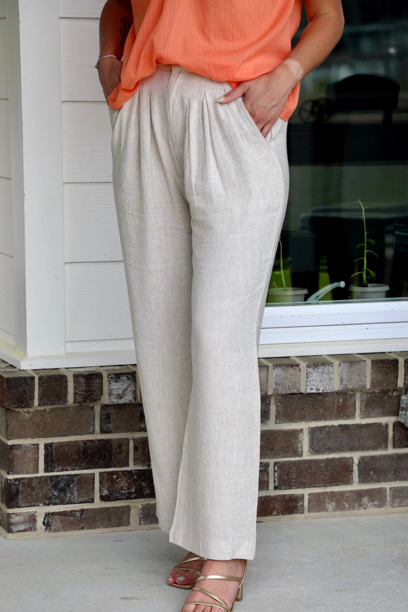 Solid Linen Pleated Wide Leg Pants
