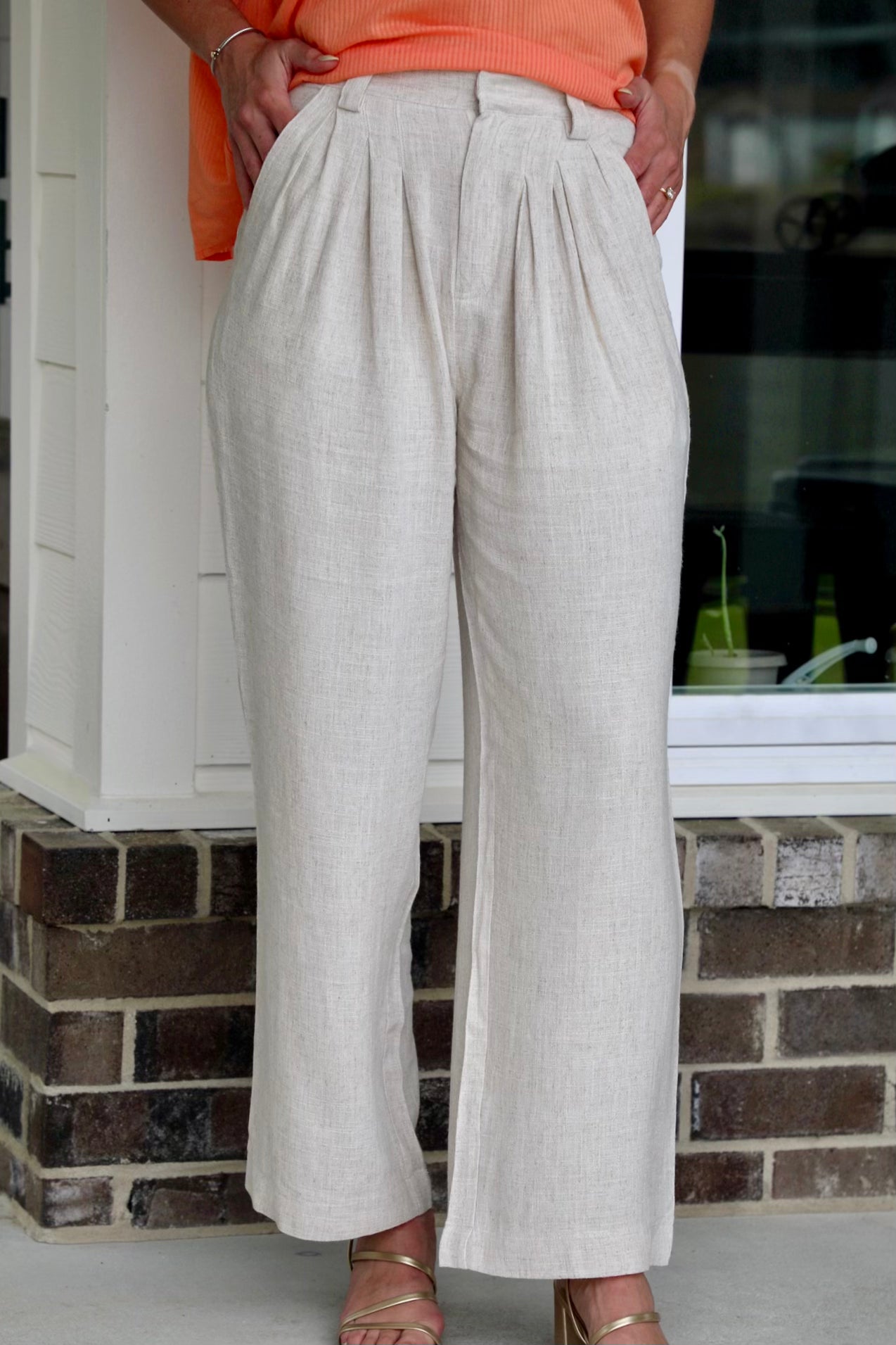 Solid Linen Pleated Wide Leg Pants