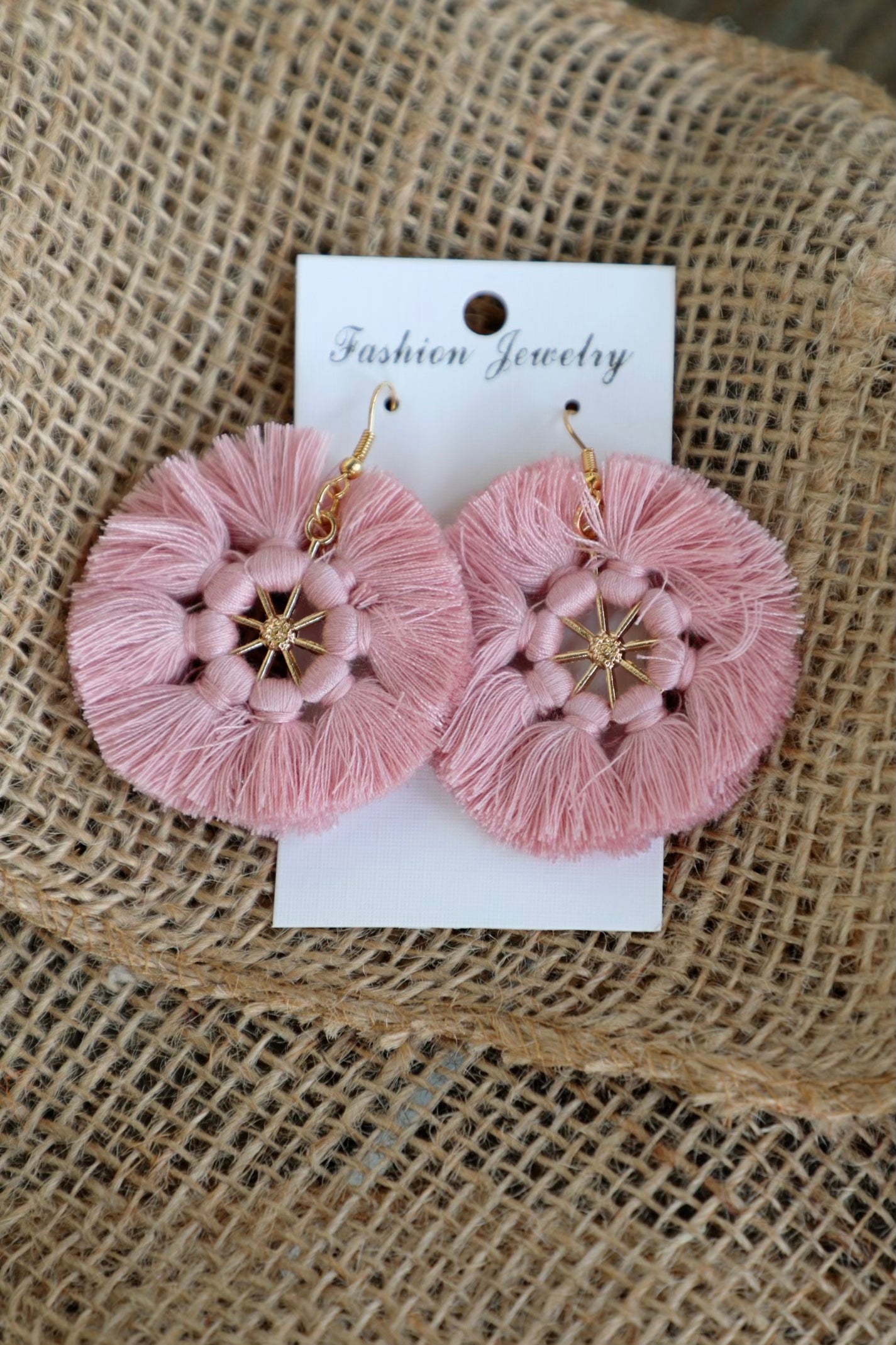 Dusty Pink Circle Boho Tassel Earrings