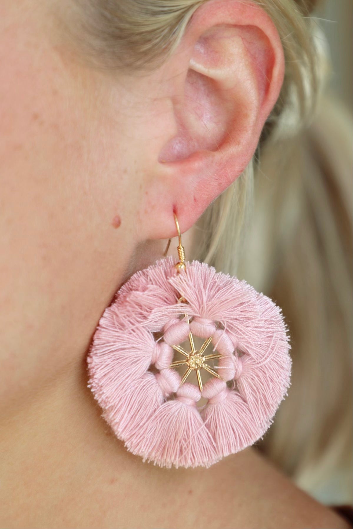 Dusty Pink Circle Boho Tassel Earrings