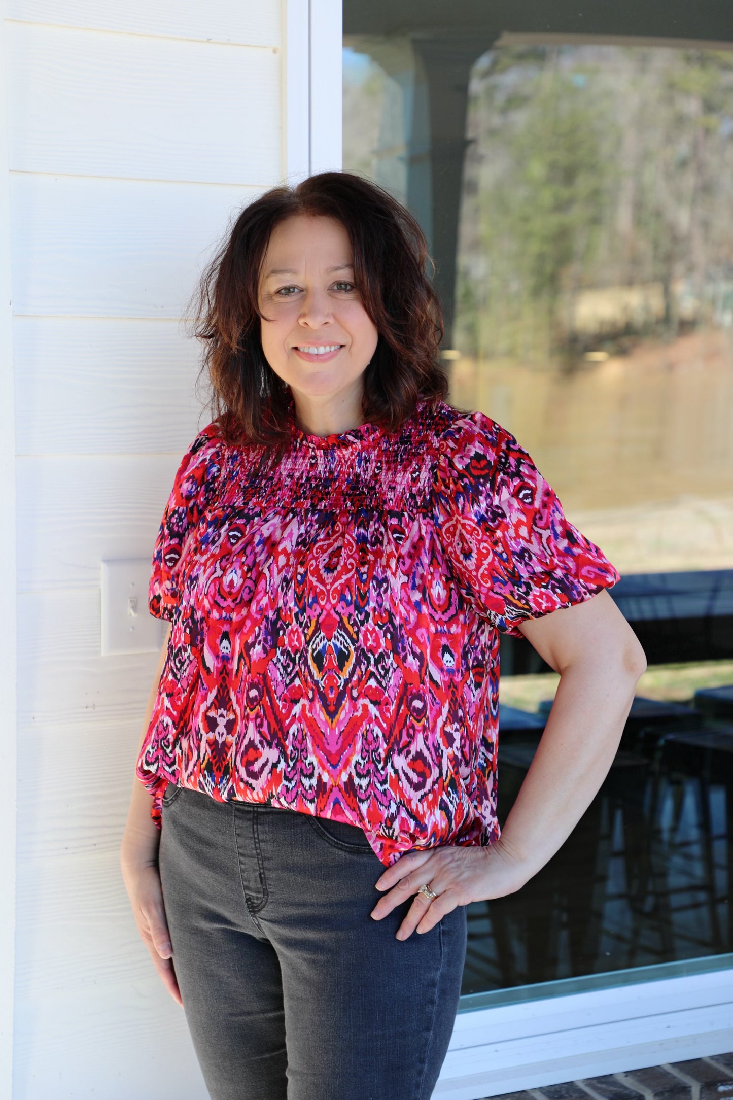 Printed Round Neckline Smocked Top