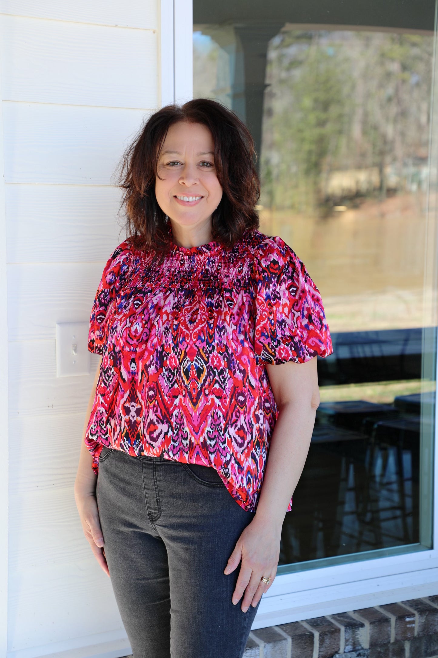 Printed Round Neckline Smocked Top
