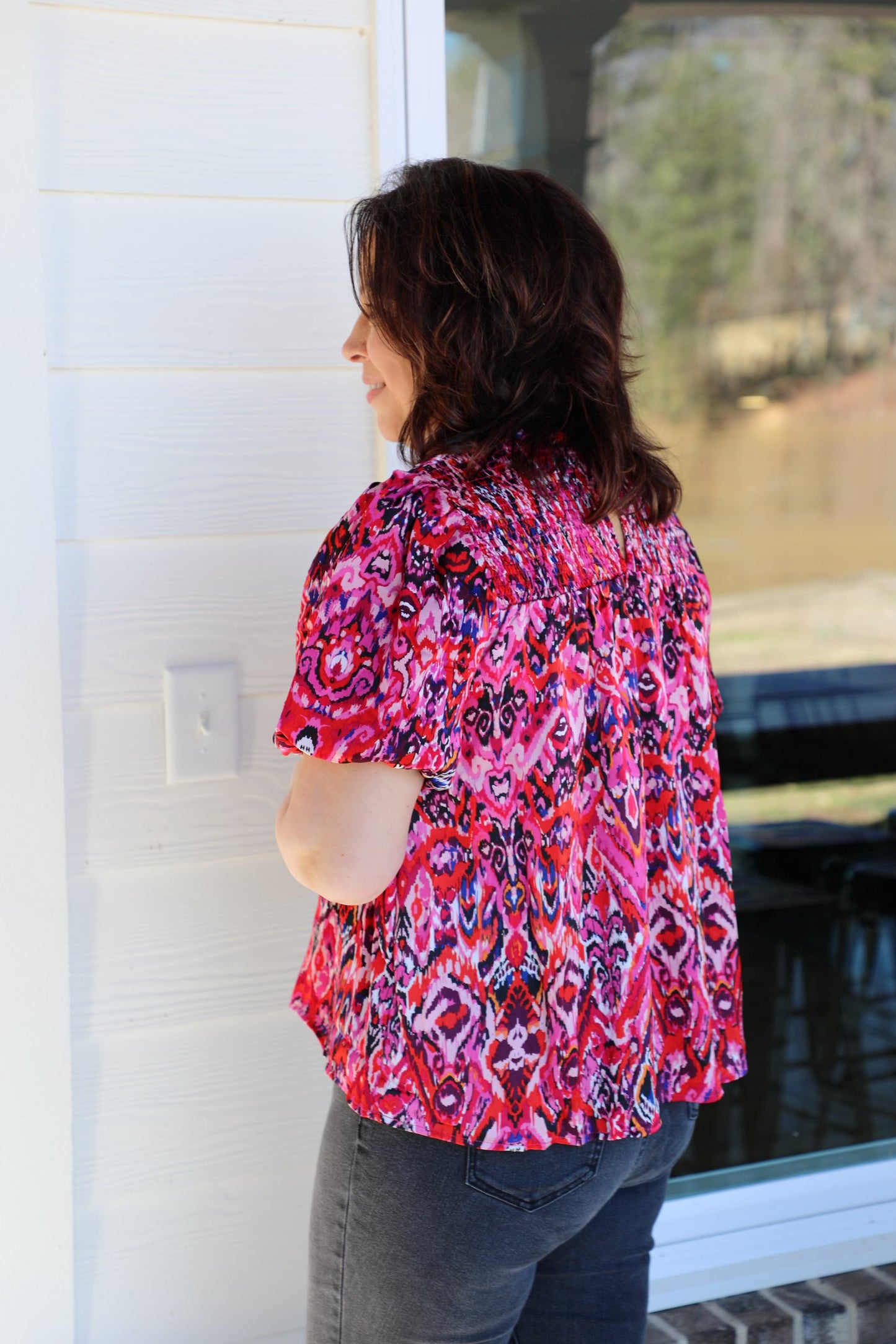 Printed Round Neckline Smocked Top