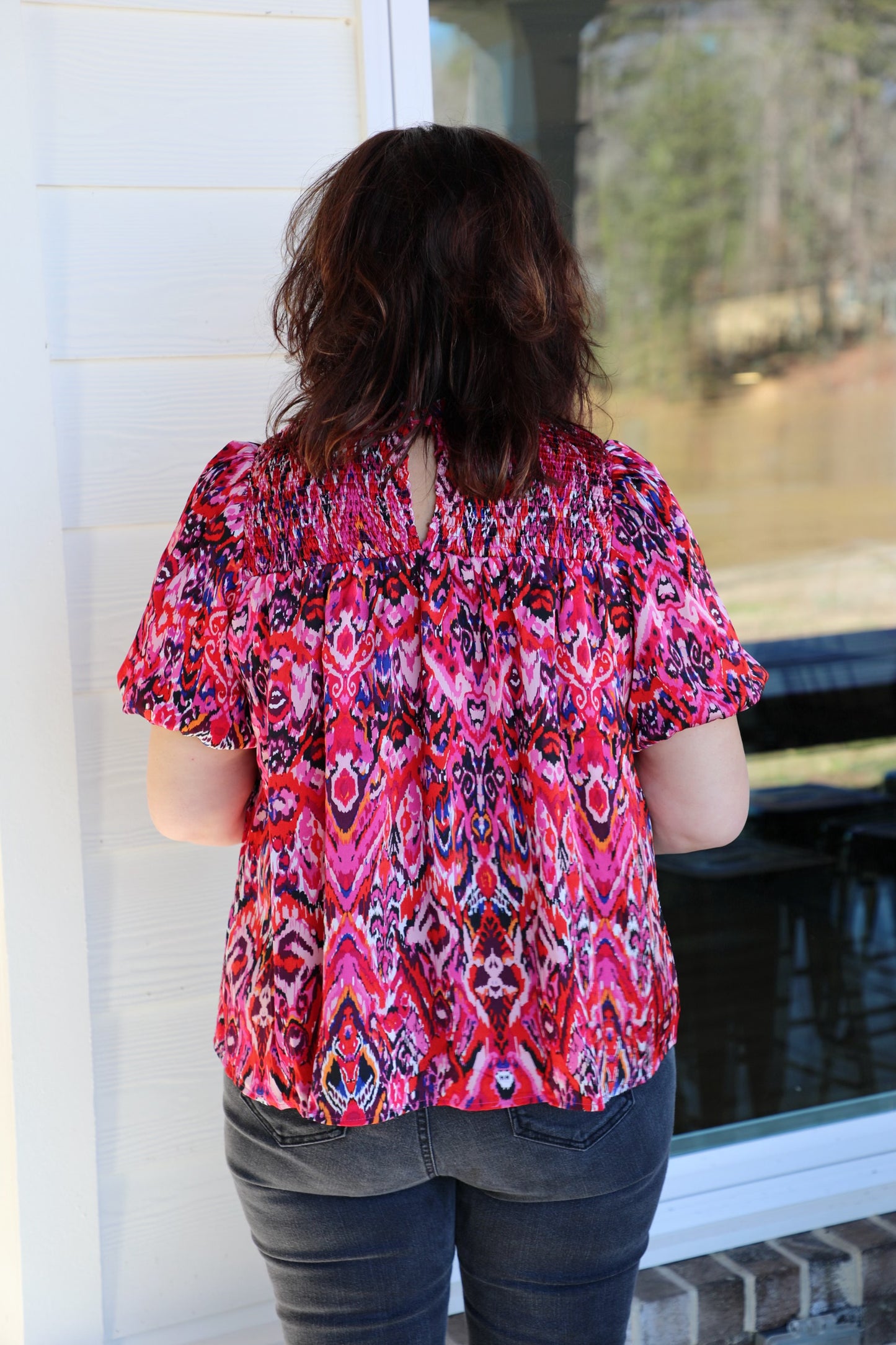 Printed Round Neckline Smocked Top