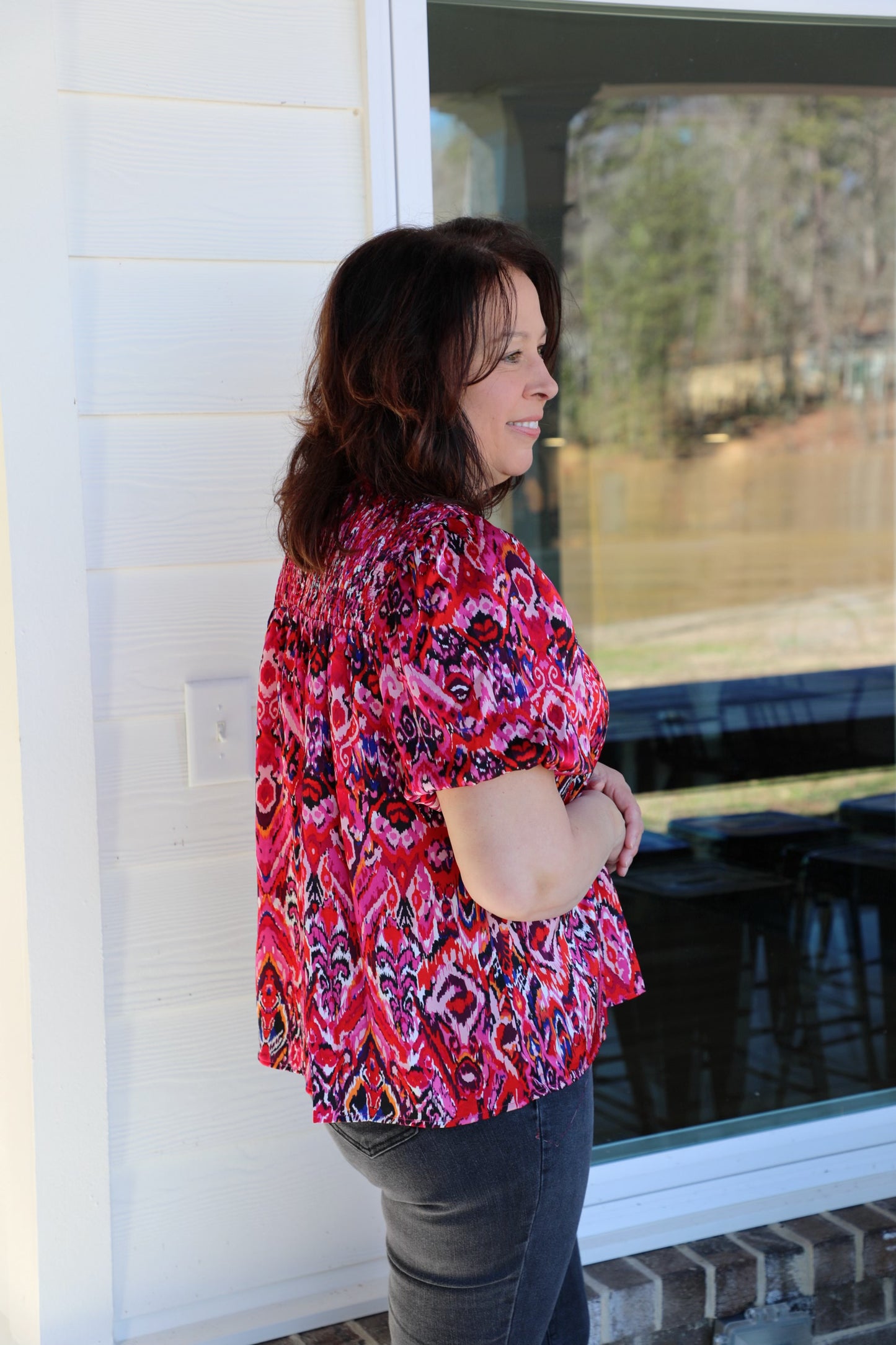 Printed Round Neckline Smocked Top