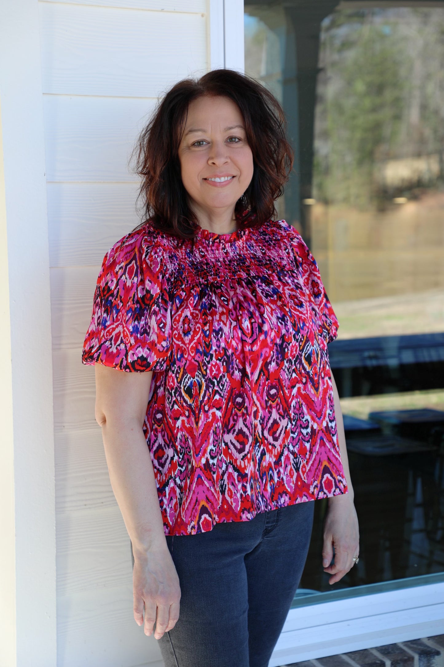 Printed Round Neckline Smocked Top