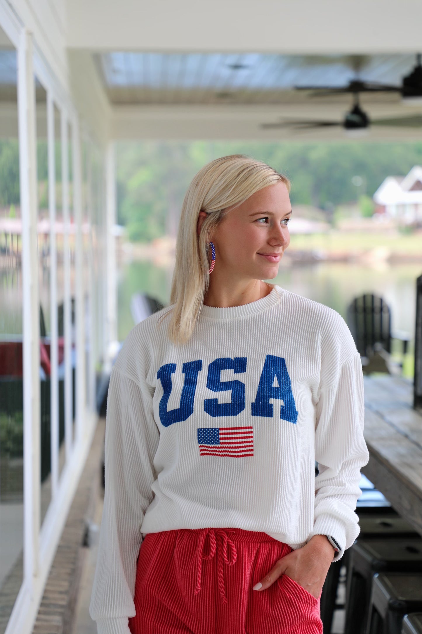 "USA" Ribbed Graphic Long Sleeve Top