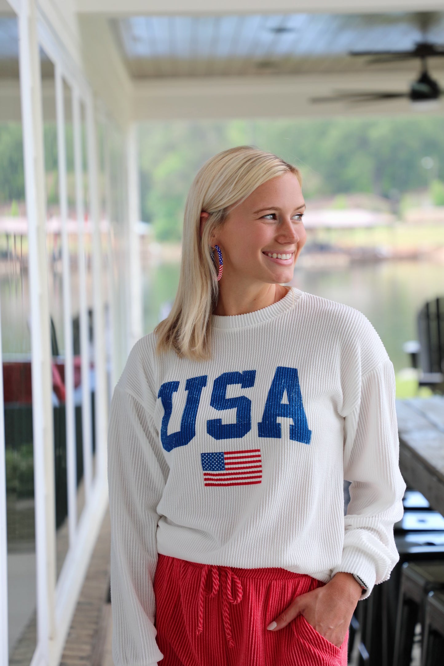 "USA" Ribbed Graphic Long Sleeve Top
