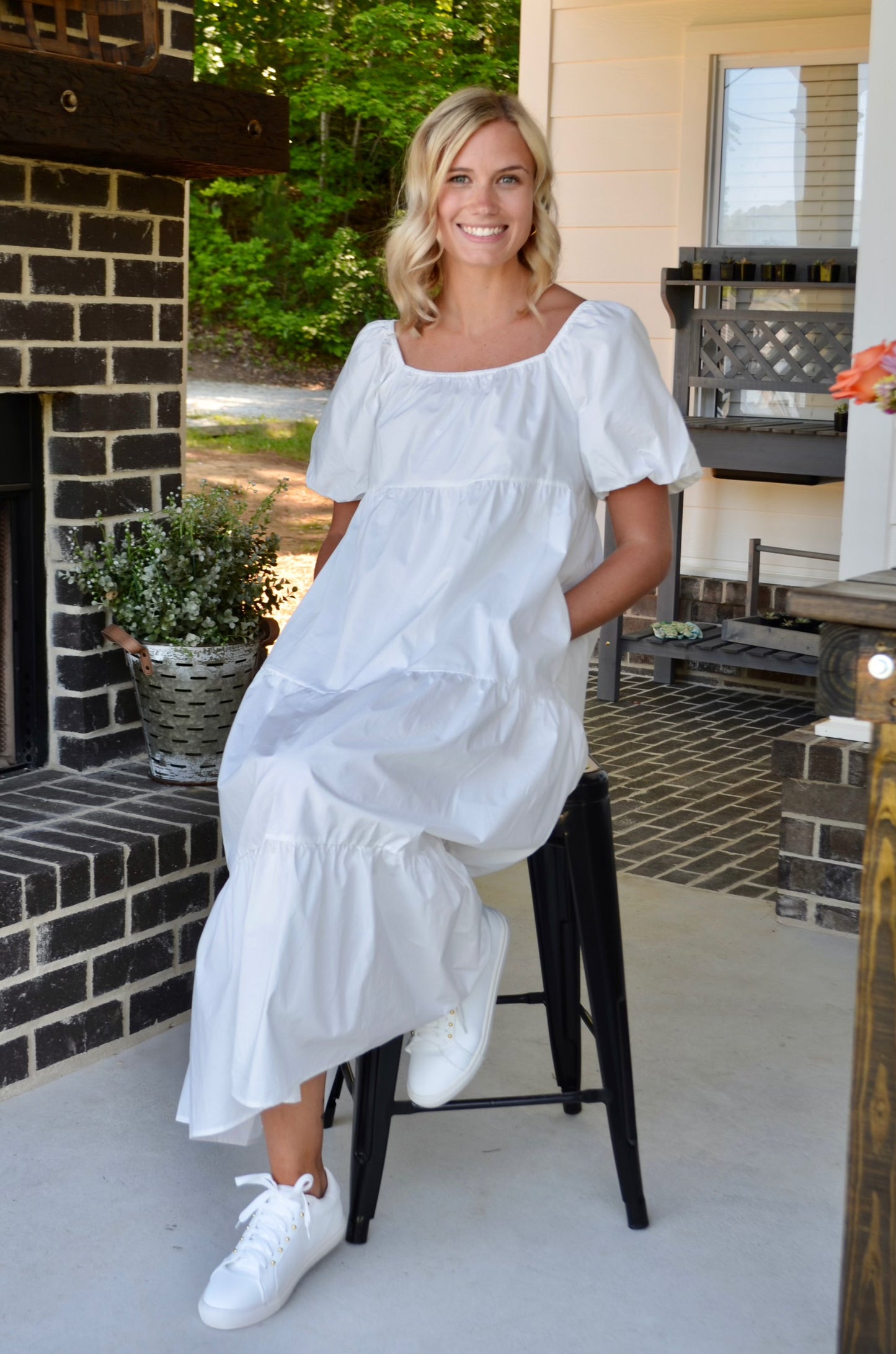 Light Poplin Puff Sleeve White Tiered Dress