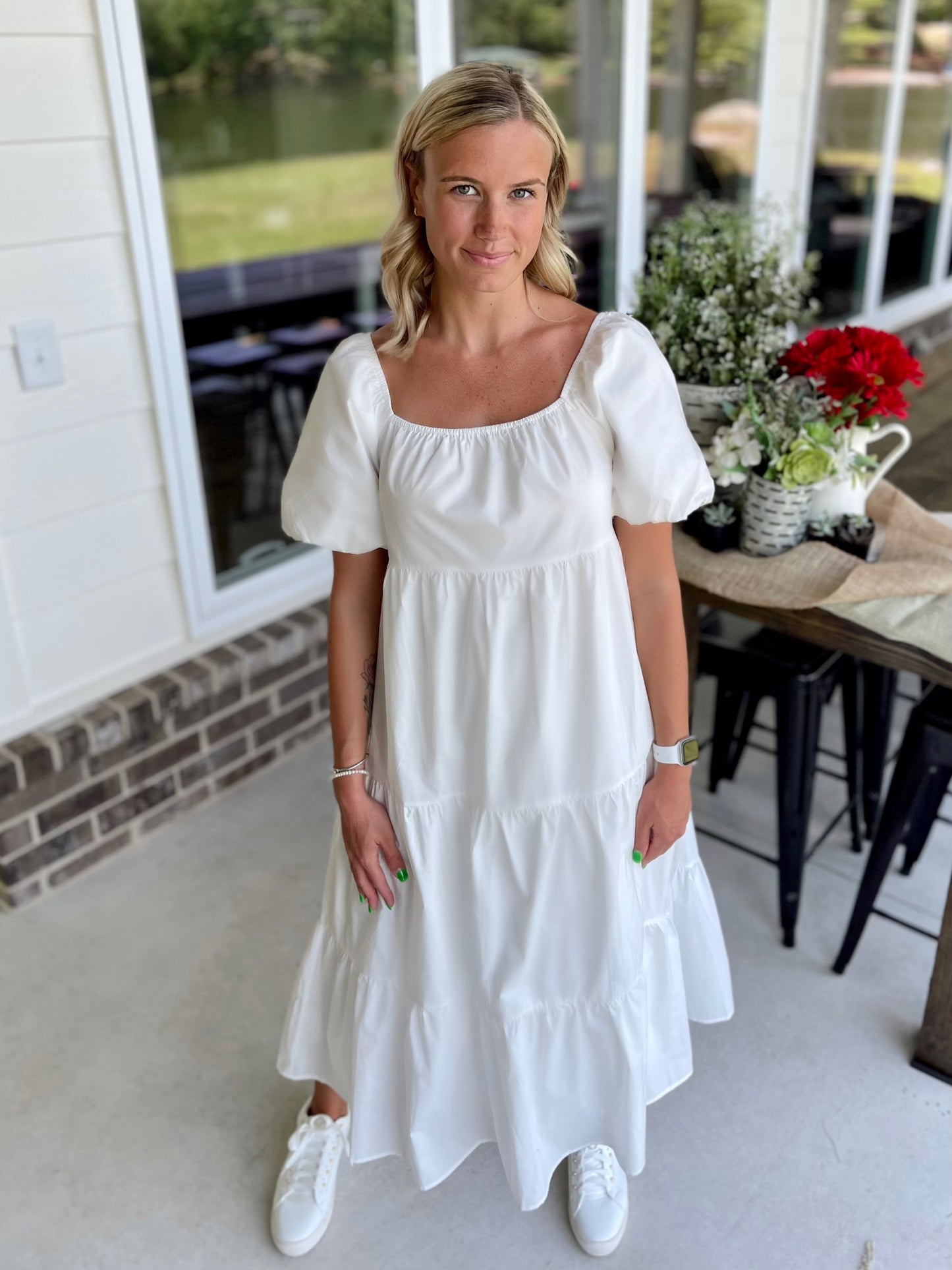 Light Poplin Puff Sleeve White Tiered Dress