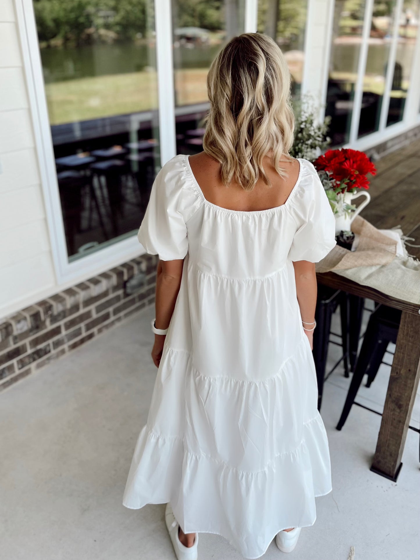Light Poplin Puff Sleeve White Tiered Dress