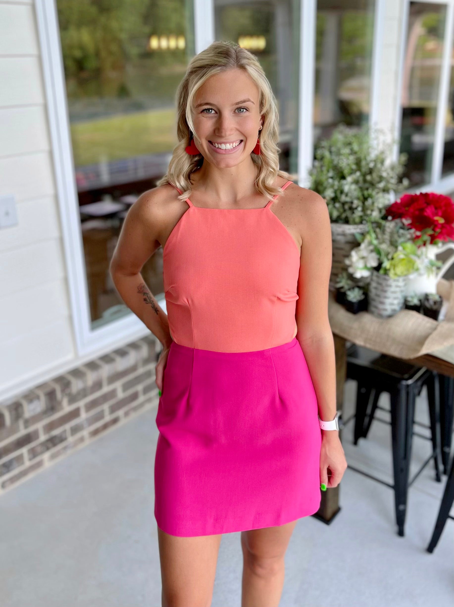 High Neck Color Block Mini Dress With Cutout Waist Small / Sorbet/Hot Pink High Neck Color Block Mini Dress With Cutout Waist Small / Sorbet/Hot Pink