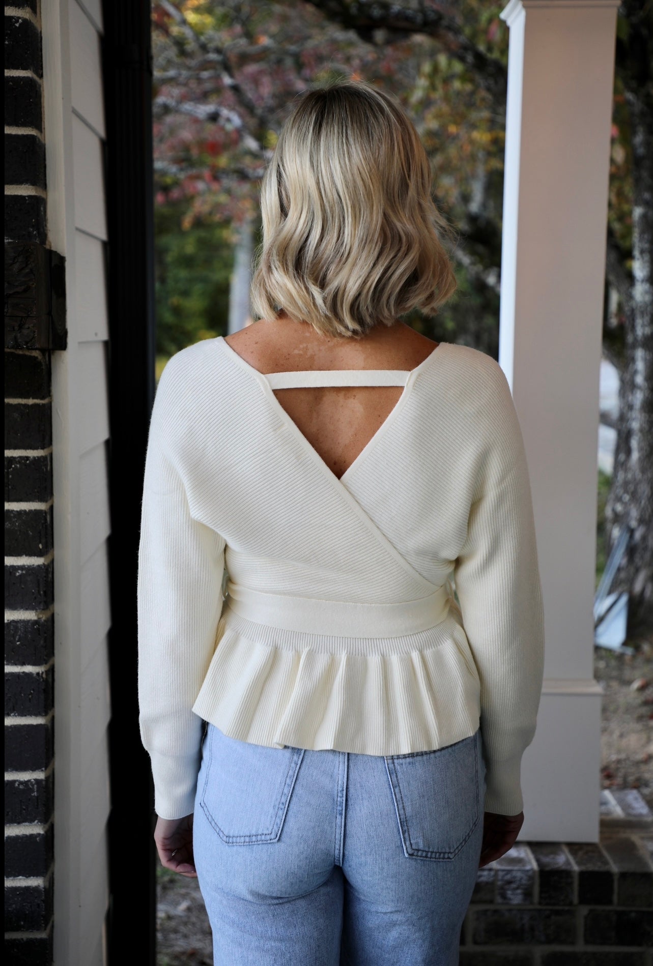 Long Sleeve Baby Doll V-Neck Tie Waist Wrap Sweater