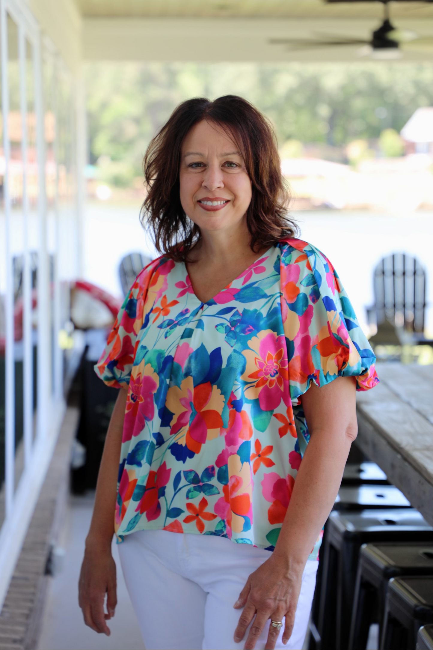 Floral V-Neck Top Featuring Bubble Sleeves