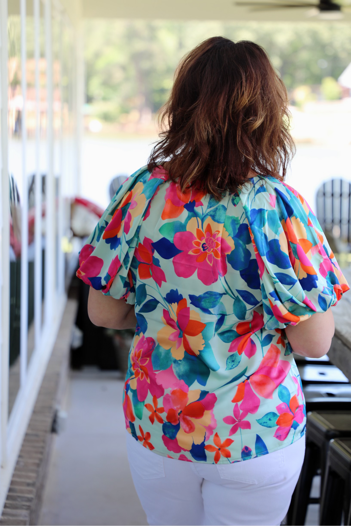 Floral V-Neck Top Featuring Bubble Sleeves