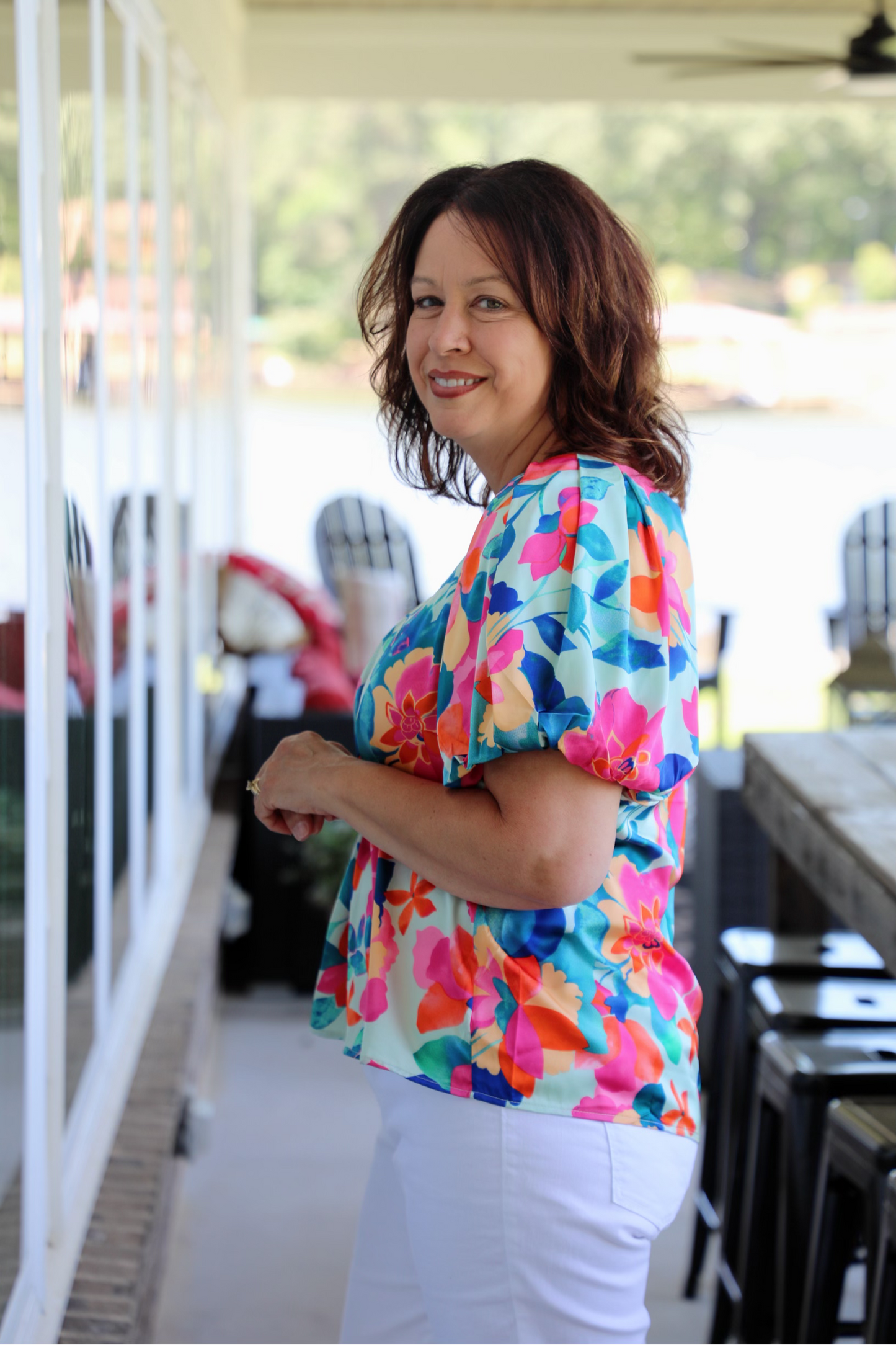 Floral V-Neck Top Featuring Bubble Sleeves