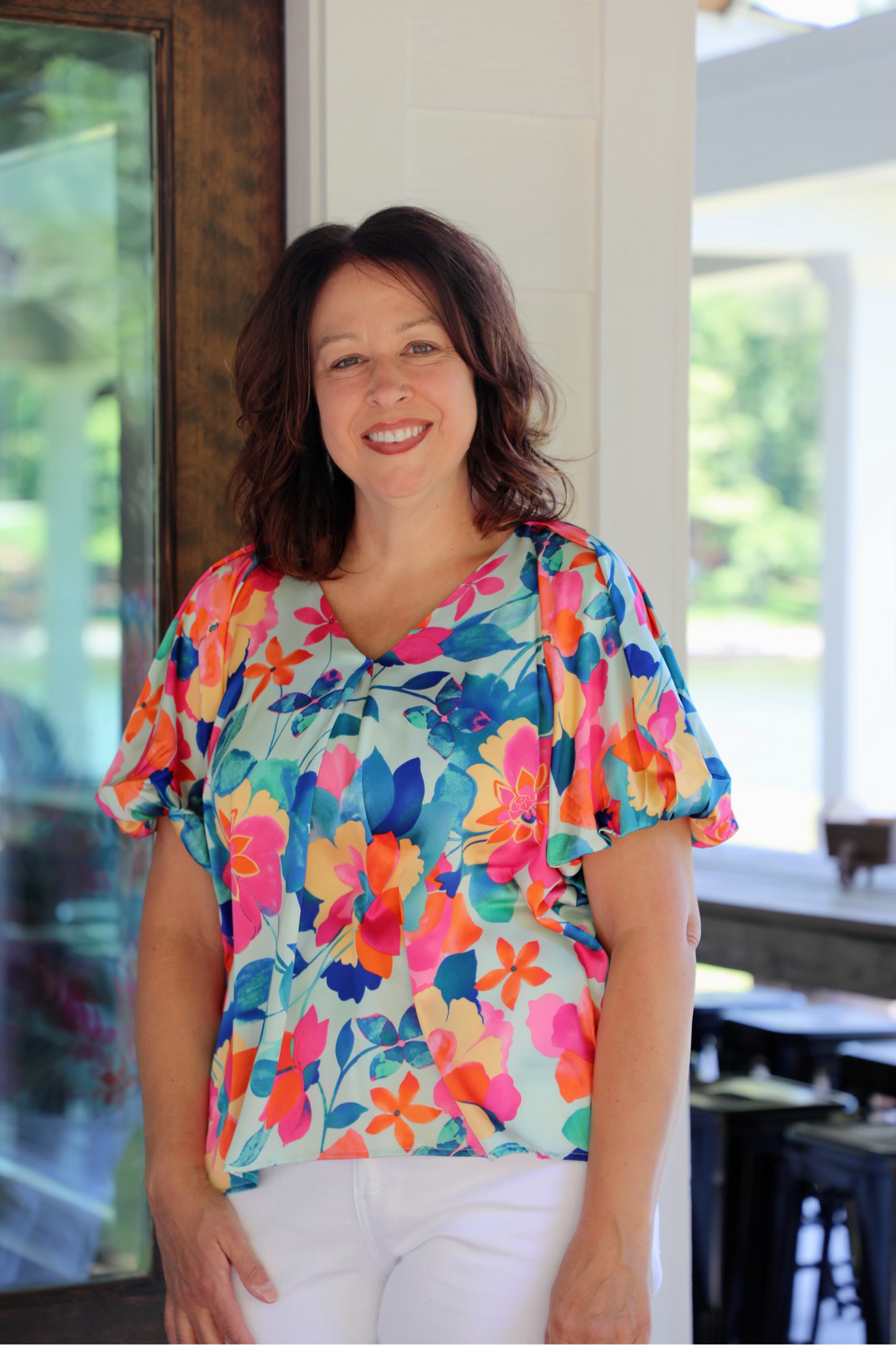 Floral V-Neck Top Featuring Bubble Sleeves