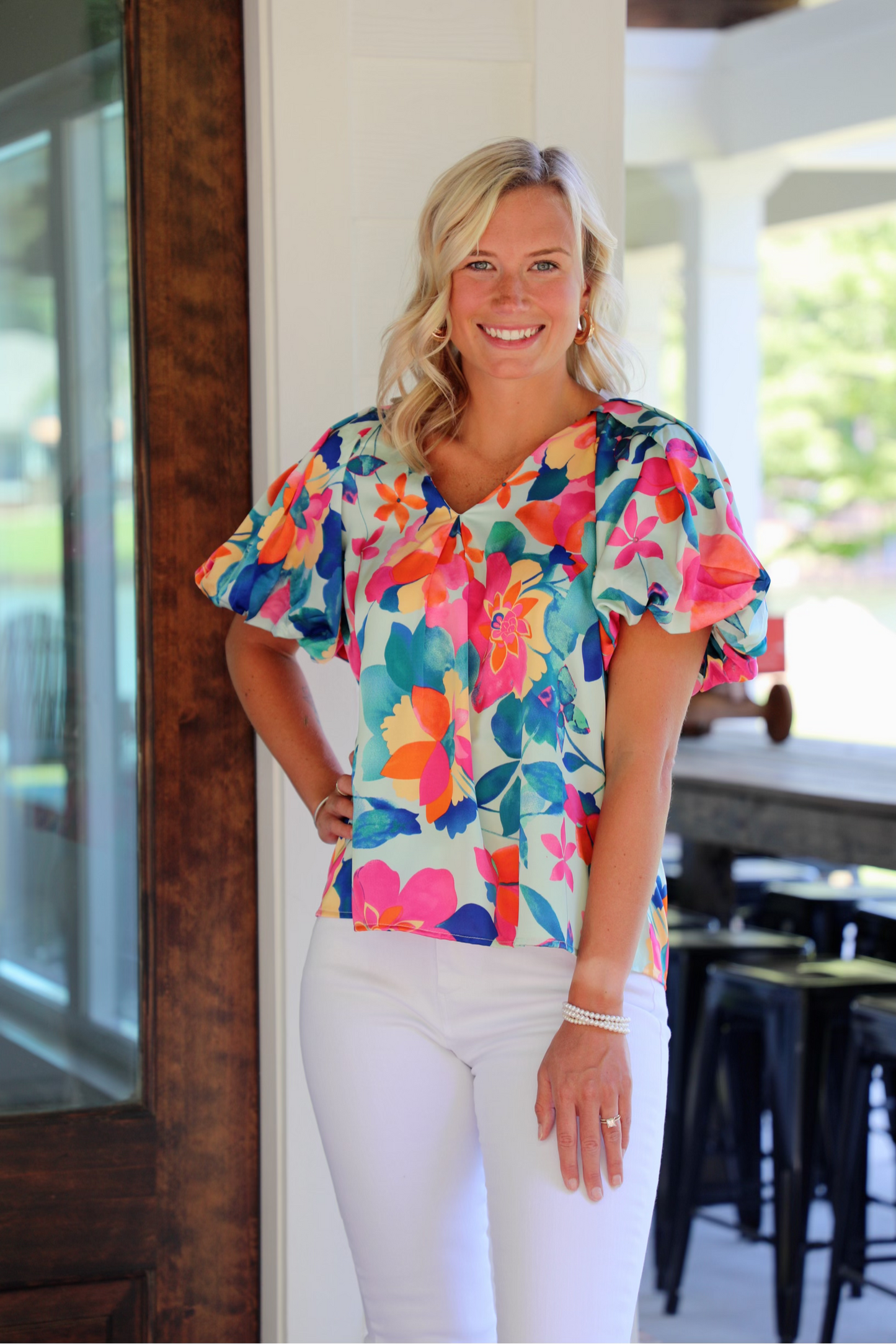 Floral V-Neck Top Featuring Bubble Sleeves