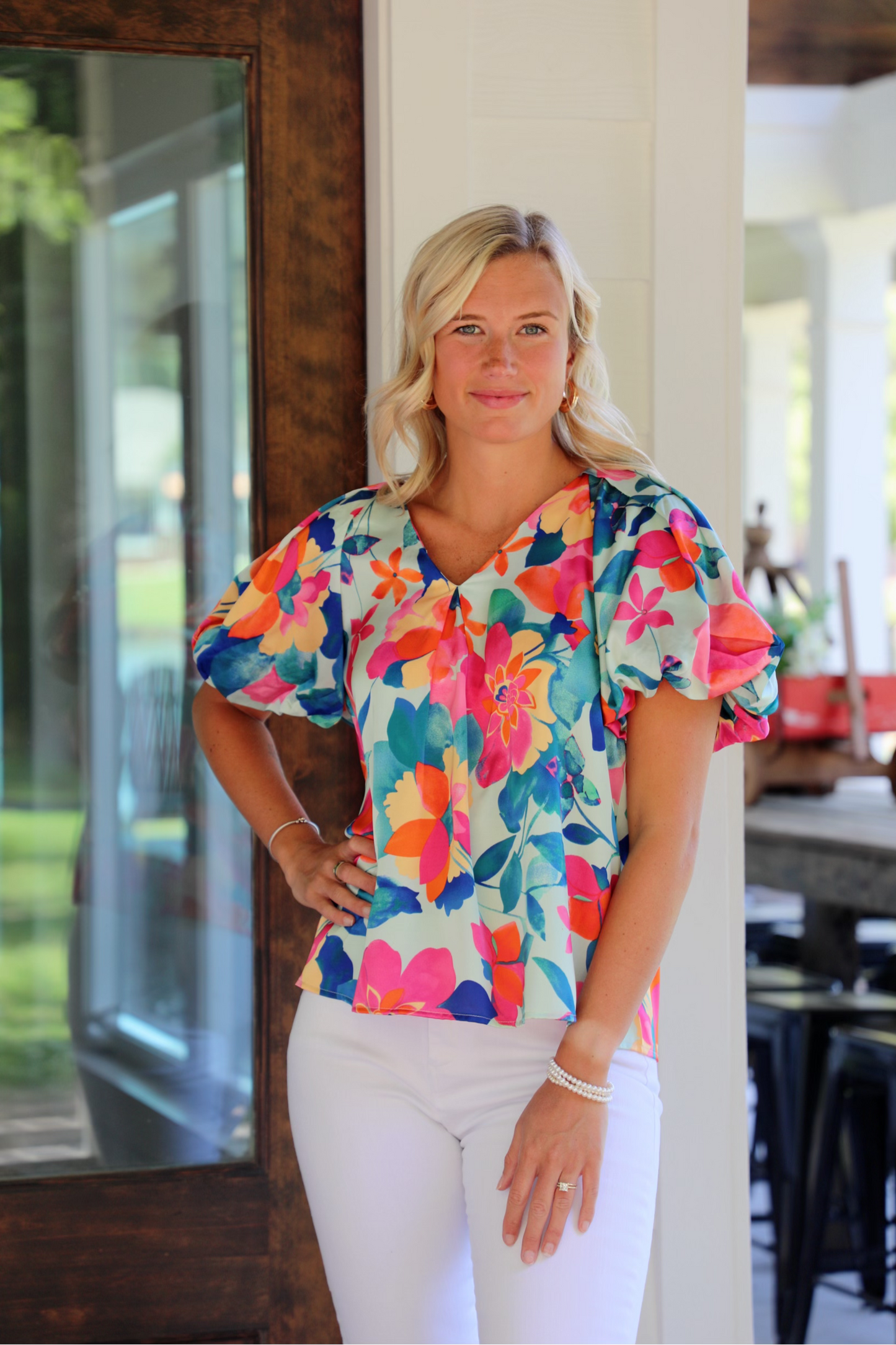 Floral V-Neck Top Featuring Bubble Sleeves