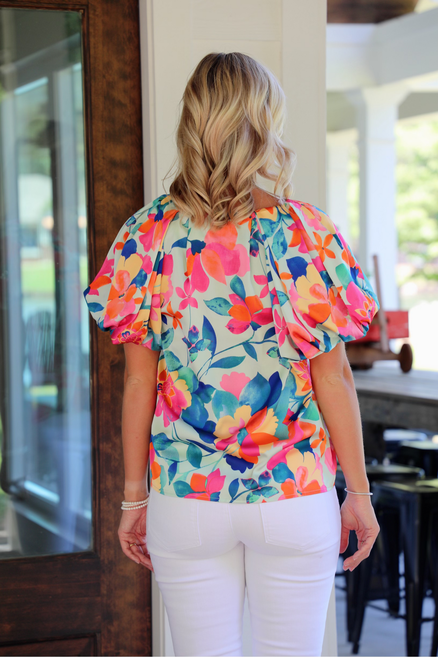 Floral V-Neck Top Featuring Bubble Sleeves