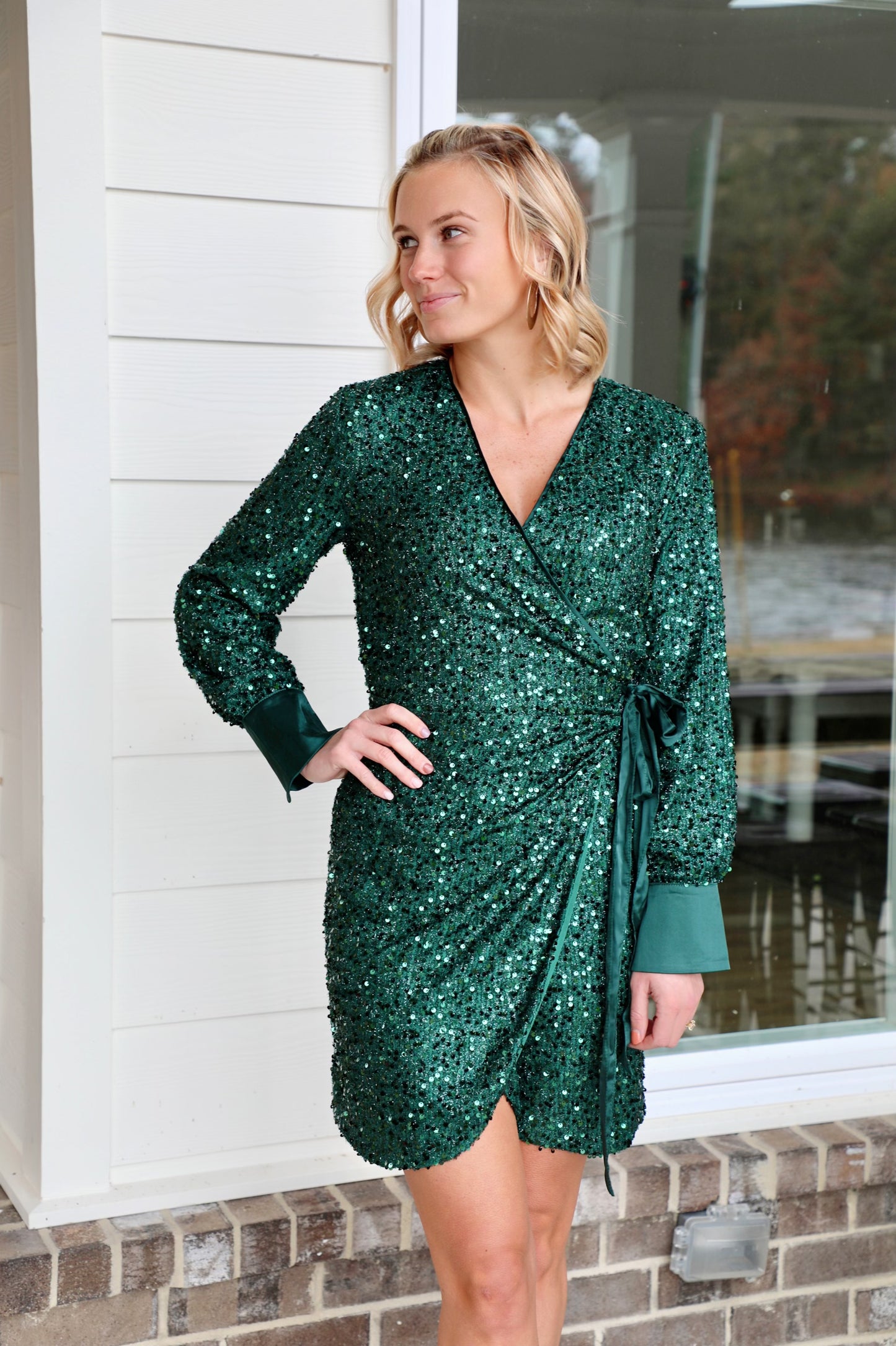 Sparkling Stretched Sequin Wrap Dress with Waist Tie
