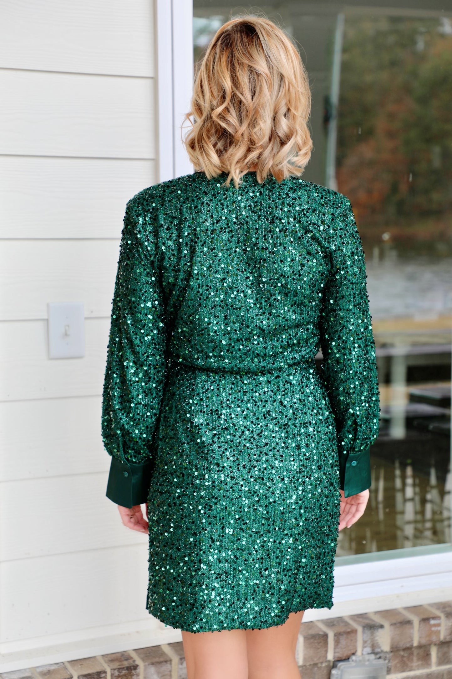 Sparkling Stretched Sequin Wrap Dress with Waist Tie