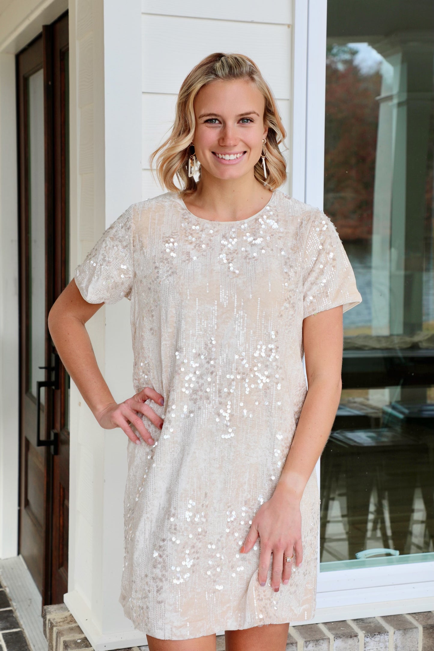 Sequined Velvet Cream Dress