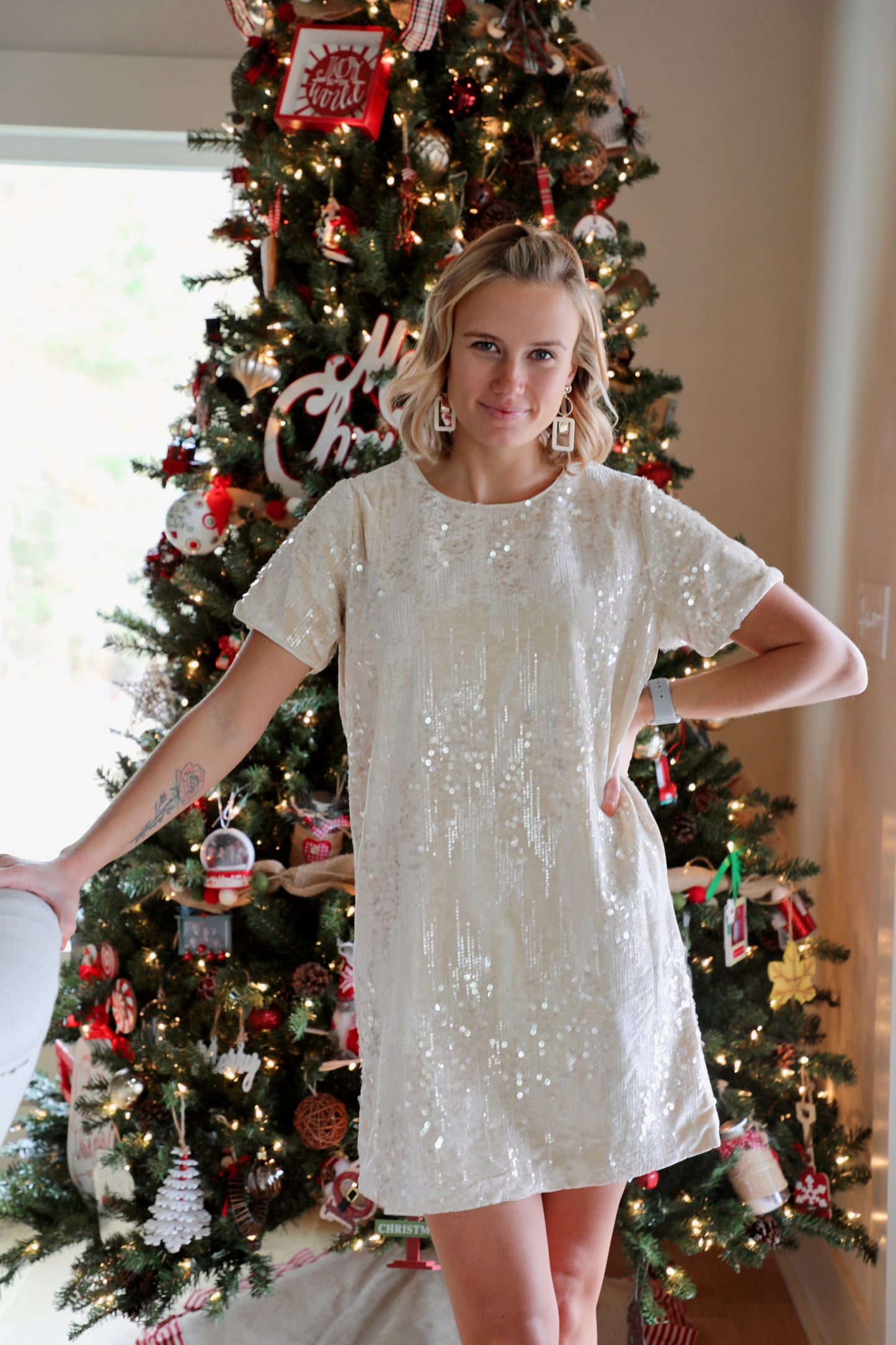 Sequined Velvet Cream Dress
