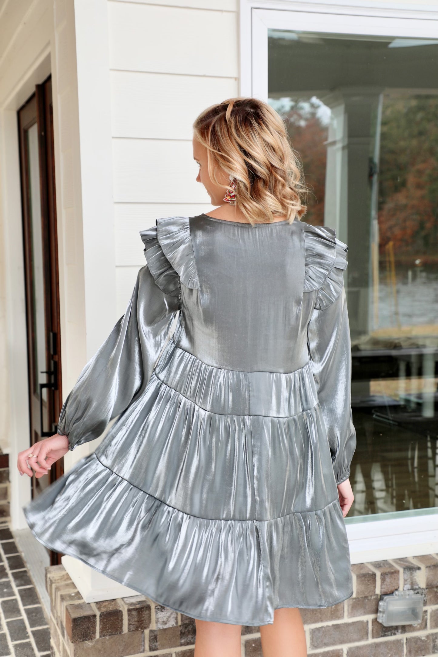 Metallic Tiered Dress with Ruffle Long Sleeves