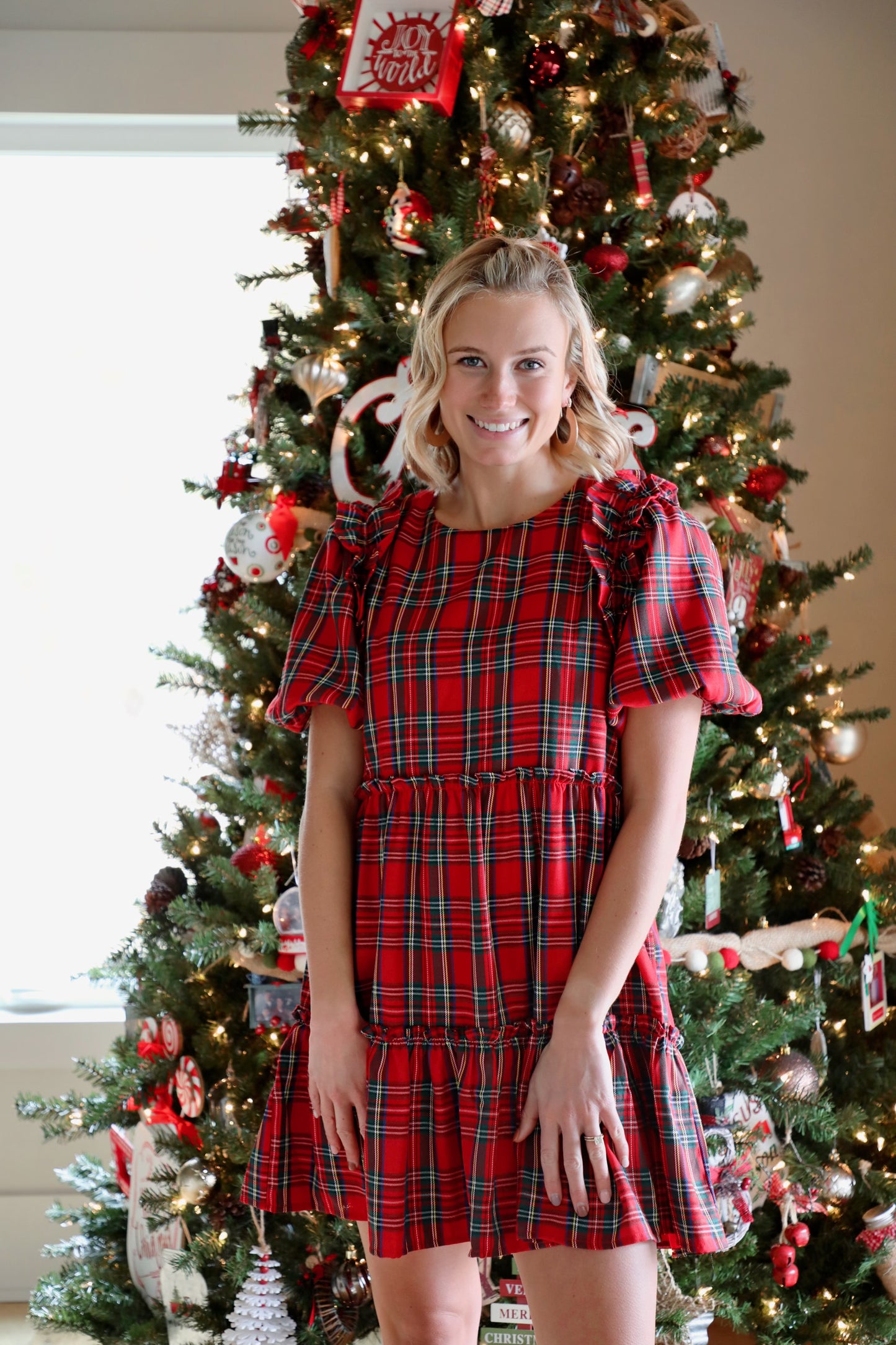 Plaid Short Sleeve Tiered Mini Dress