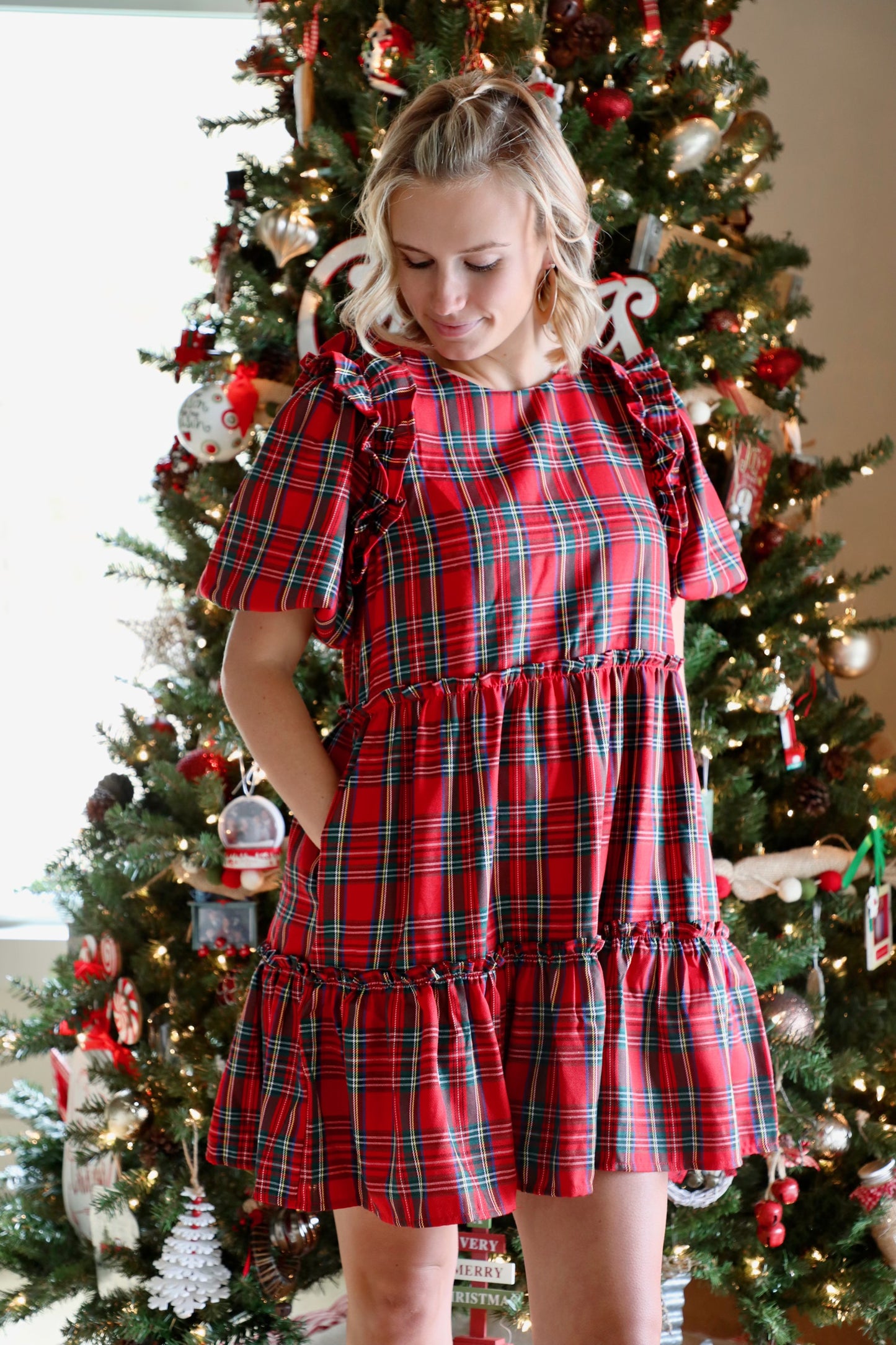 Plaid Short Sleeve Tiered Mini Dress